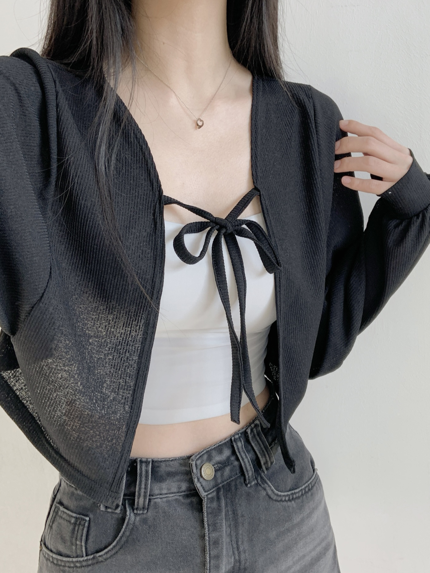 シースルーリボンクロップドルーズ長袖無地カーディガン | 詳細画像16