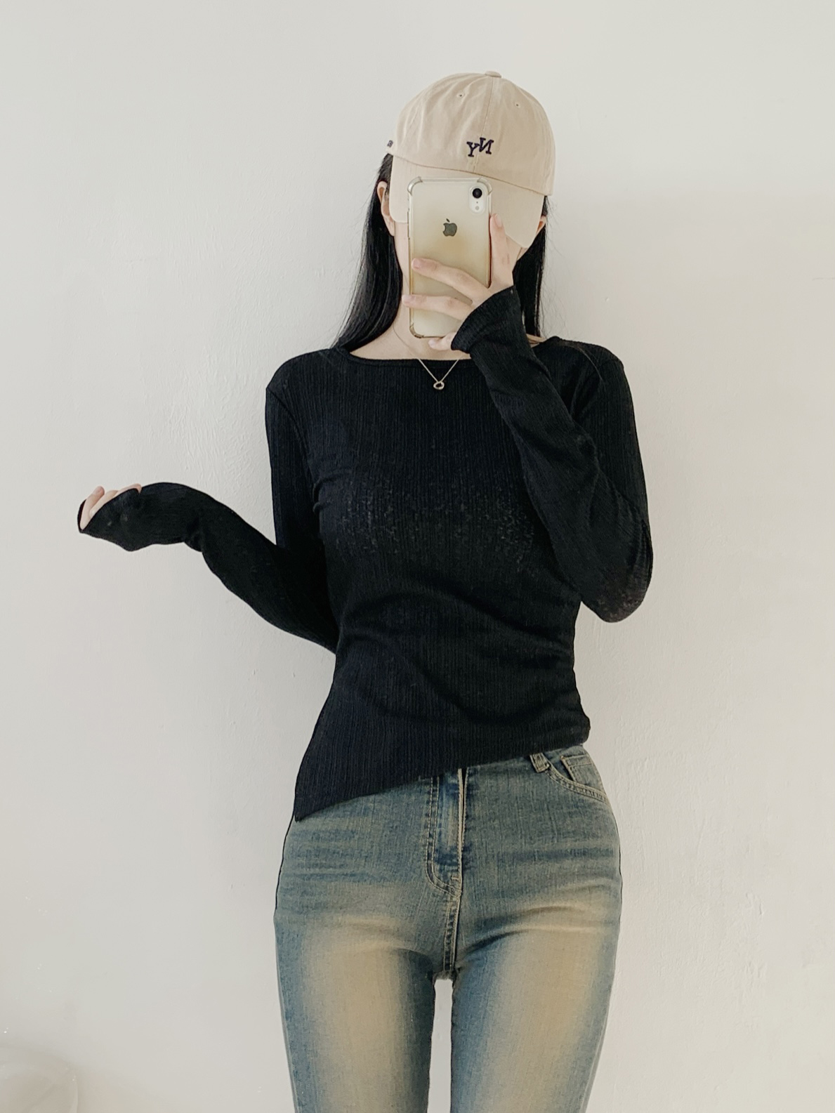 ラウンドネックUネックスリットルーズアンバランス長袖ダイアゴナルTシャツ | 詳細画像13