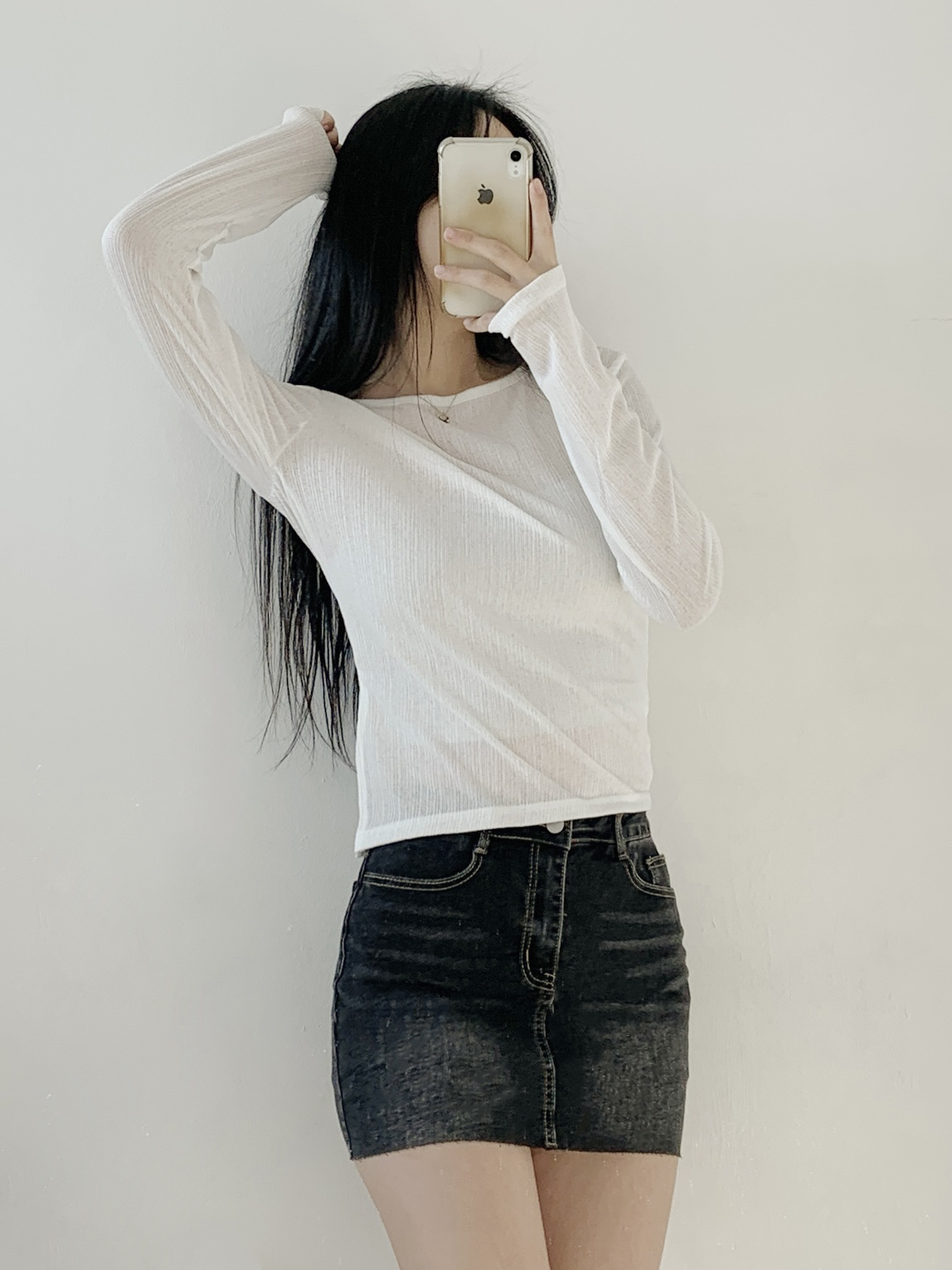 ラウンドネックUネックスリットルーズアンバランス長袖ダイアゴナルTシャツ | 詳細画像11