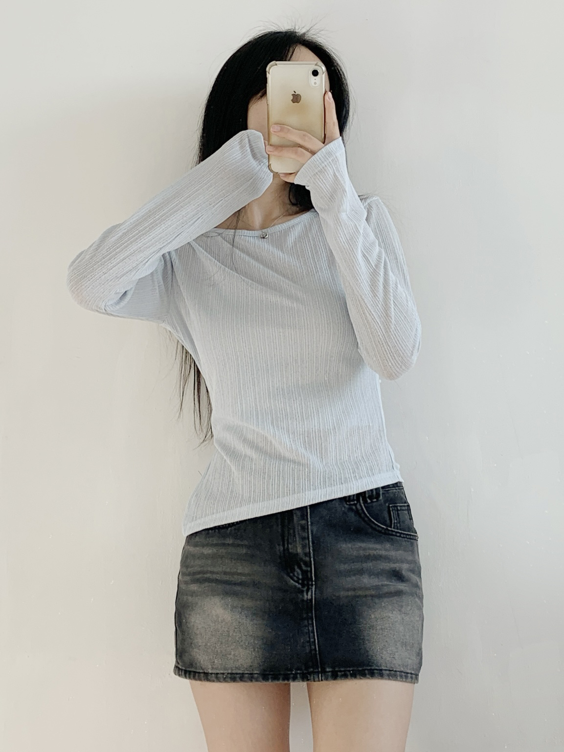 ラウンドネックUネックスリットルーズアンバランス長袖ダイアゴナルTシャツ | 詳細画像6