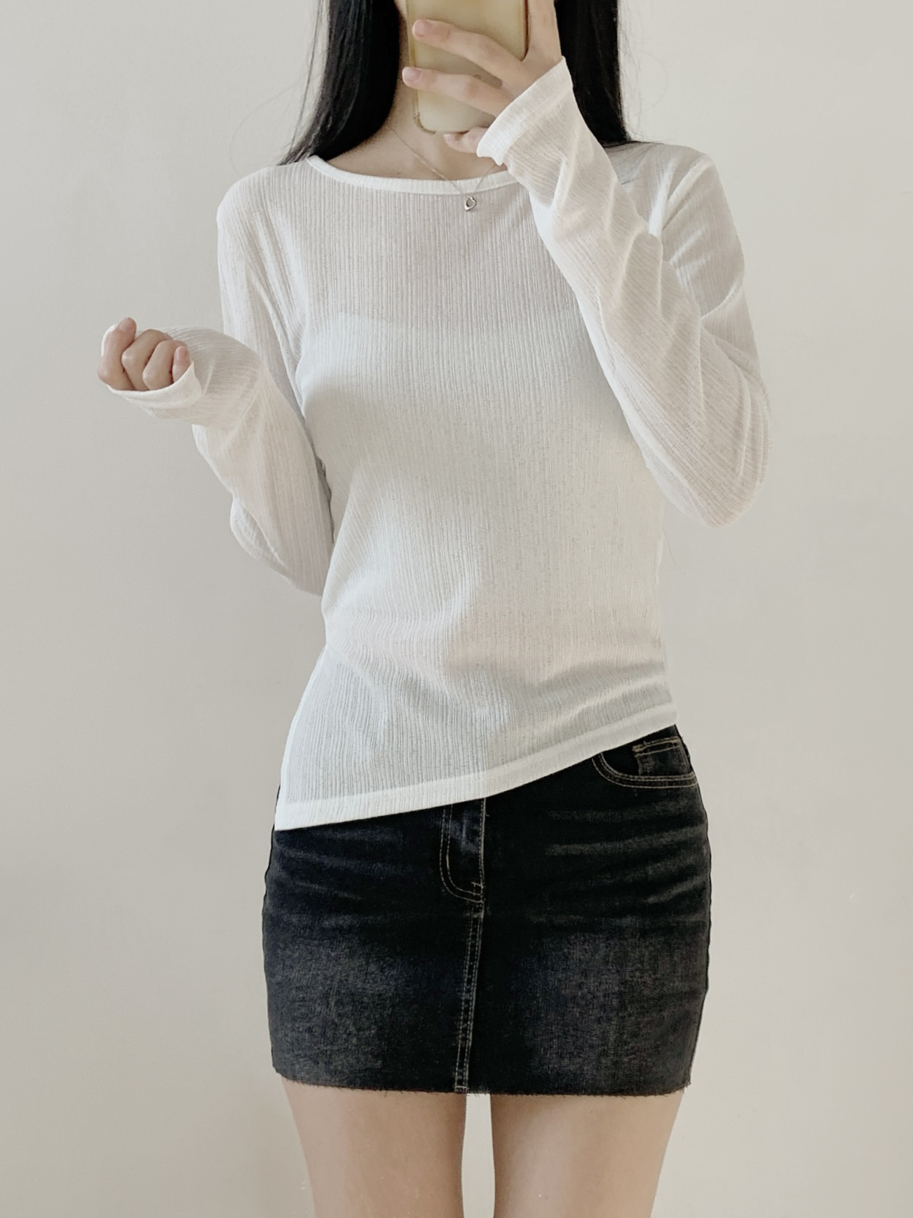 ラウンドネックUネックスリットルーズアンバランス長袖ダイアゴナルTシャツ | 詳細画像10