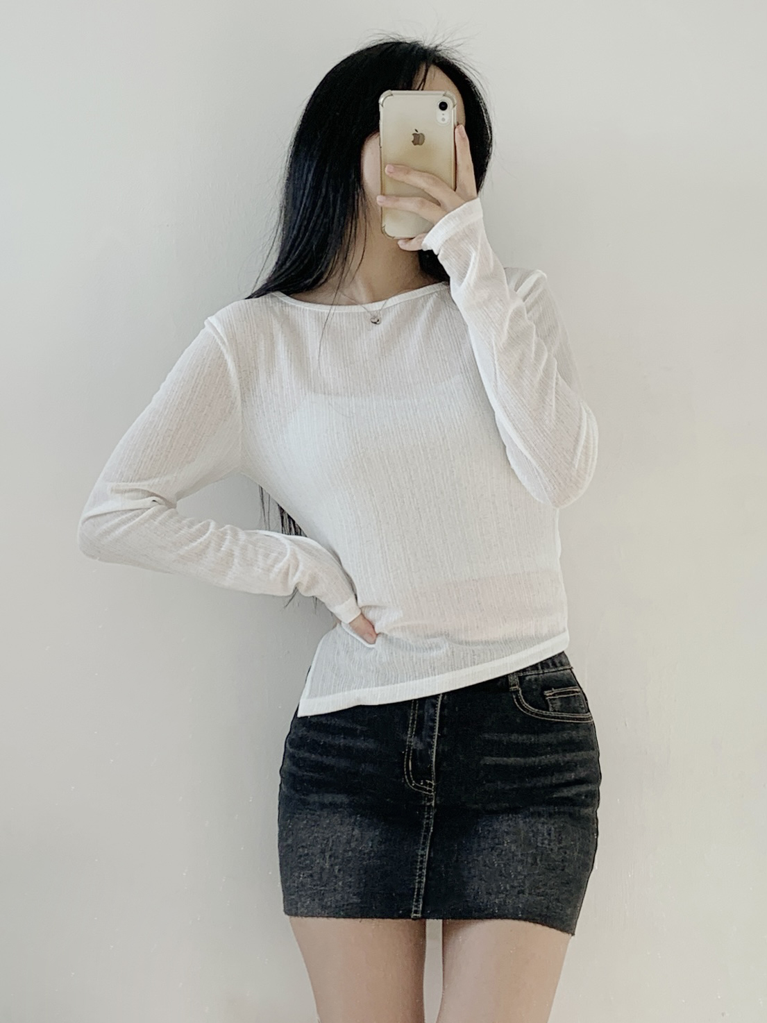 ラウンドネックUネックスリットルーズアンバランス長袖ダイアゴナルTシャツ | 詳細画像7