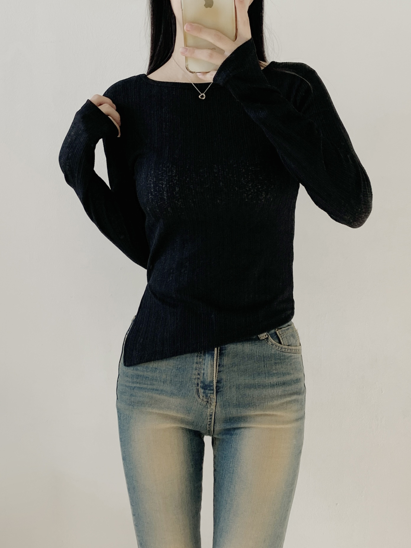 ラウンドネックUネックスリットルーズアンバランス長袖ダイアゴナルTシャツ | 詳細画像16