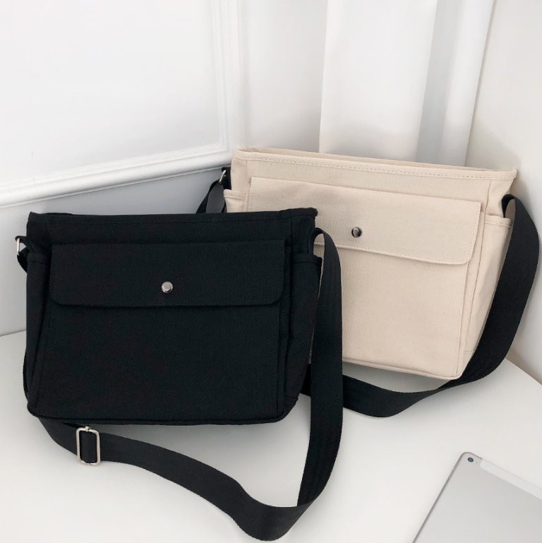 キャンバスジップアップバックルスナップボタンベルクロショルダーバッグ | 詳細画像9