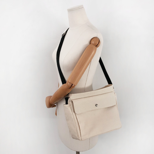 キャンバスジップアップバックルスナップボタンベルクロショルダーバッグ | 詳細画像8