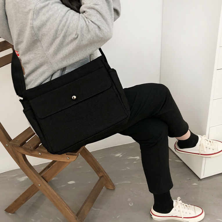 キャンバスジップアップバックルスナップボタンベルクロショルダーバッグ | 詳細画像4