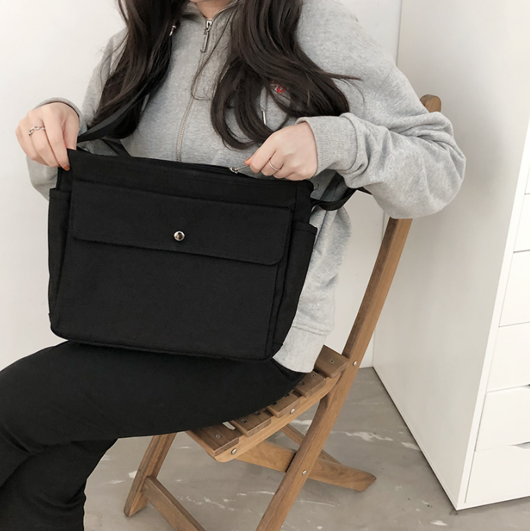 キャンバスジップアップバックルスナップボタンベルクロショルダーバッグ | 詳細画像3