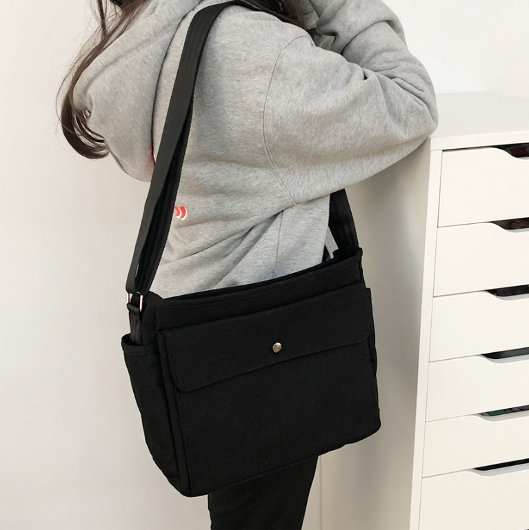 キャンバスジップアップバックルスナップボタンベルクロショルダーバッグ | 詳細画像2