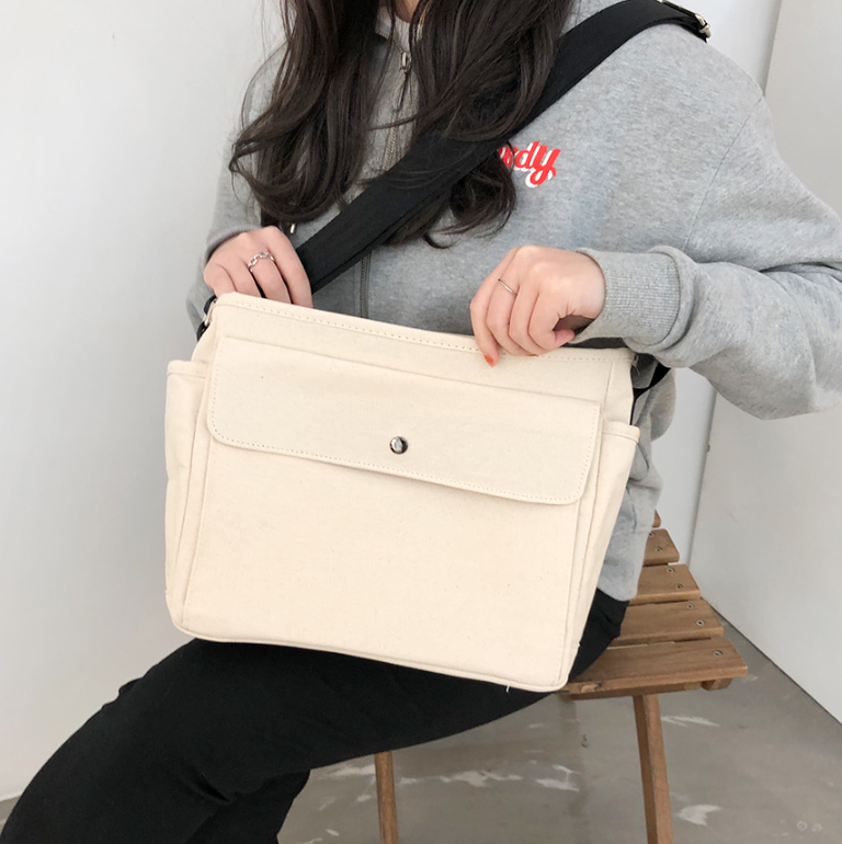 キャンバスジップアップバックルスナップボタンベルクロショルダーバッグ | 詳細画像6