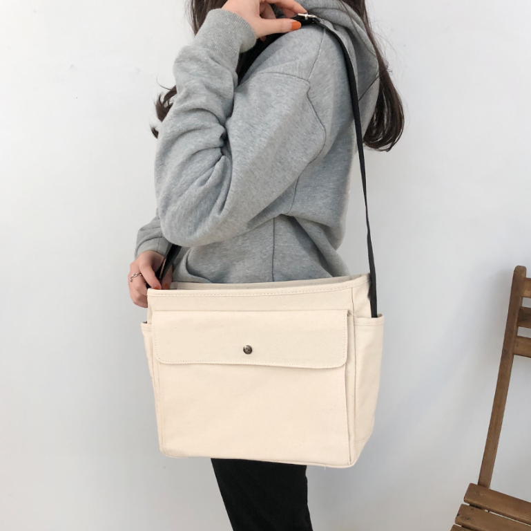 キャンバスジップアップバックルスナップボタンベルクロショルダーバッグ | 詳細画像5