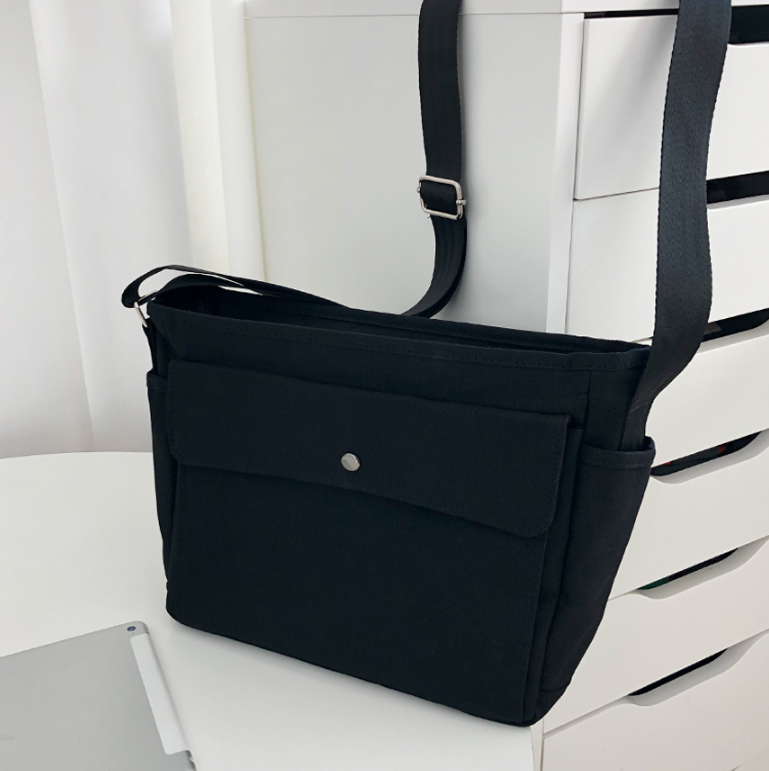 キャンバスジップアップバックルスナップボタンベルクロショルダーバッグ | 詳細画像10