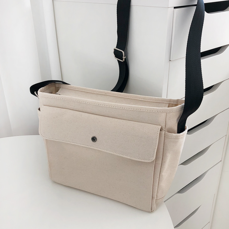 キャンバスジップアップバックルスナップボタンベルクロショルダーバッグ | 詳細画像15