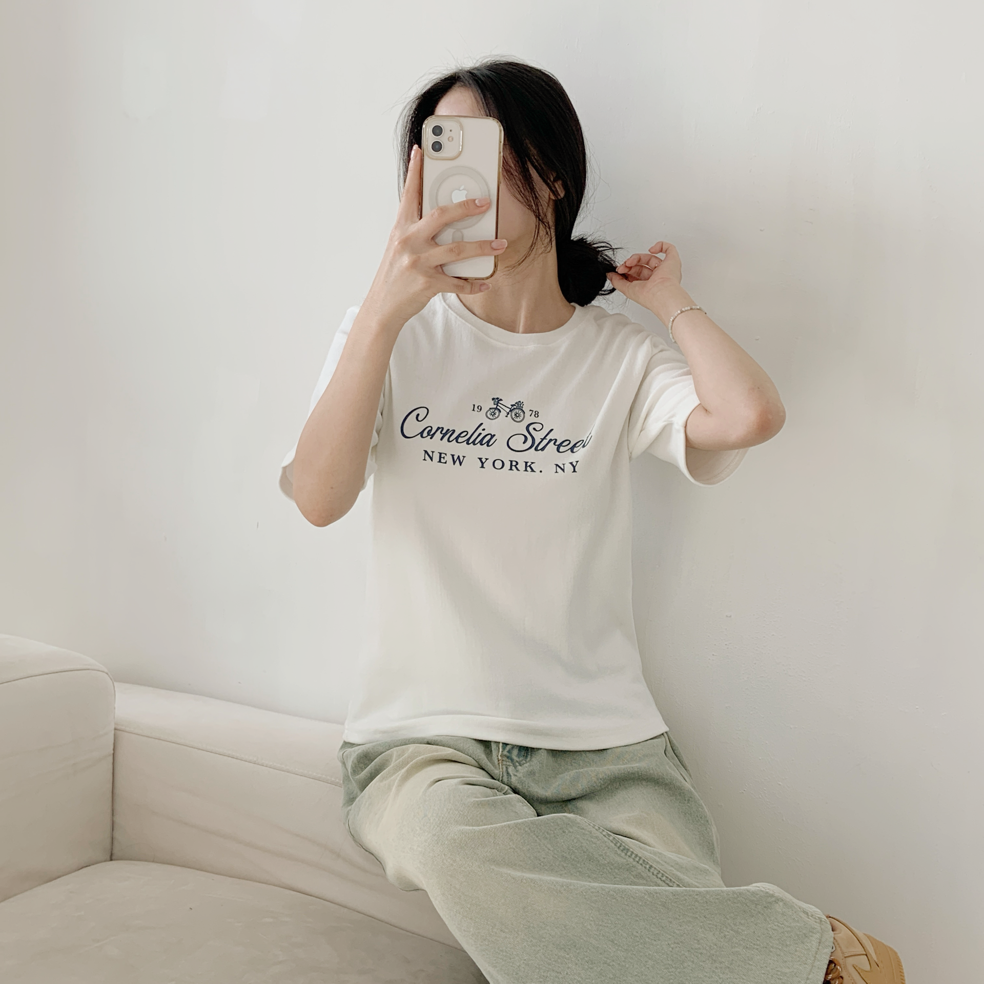 ピーチ起毛ラウンドネック半袖レタリングプリントTシャツ | 詳細画像2