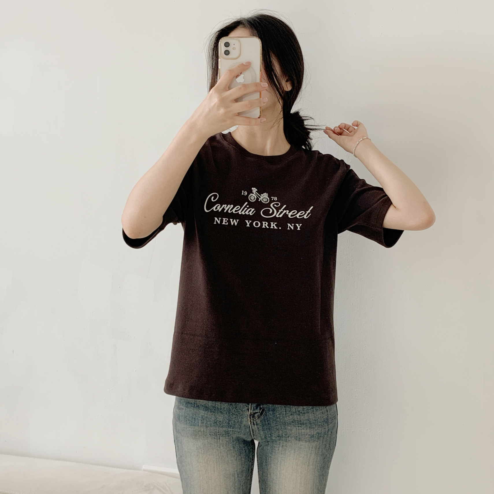 ピーチ起毛ラウンドネック半袖レタリングプリントTシャツ | 詳細画像5