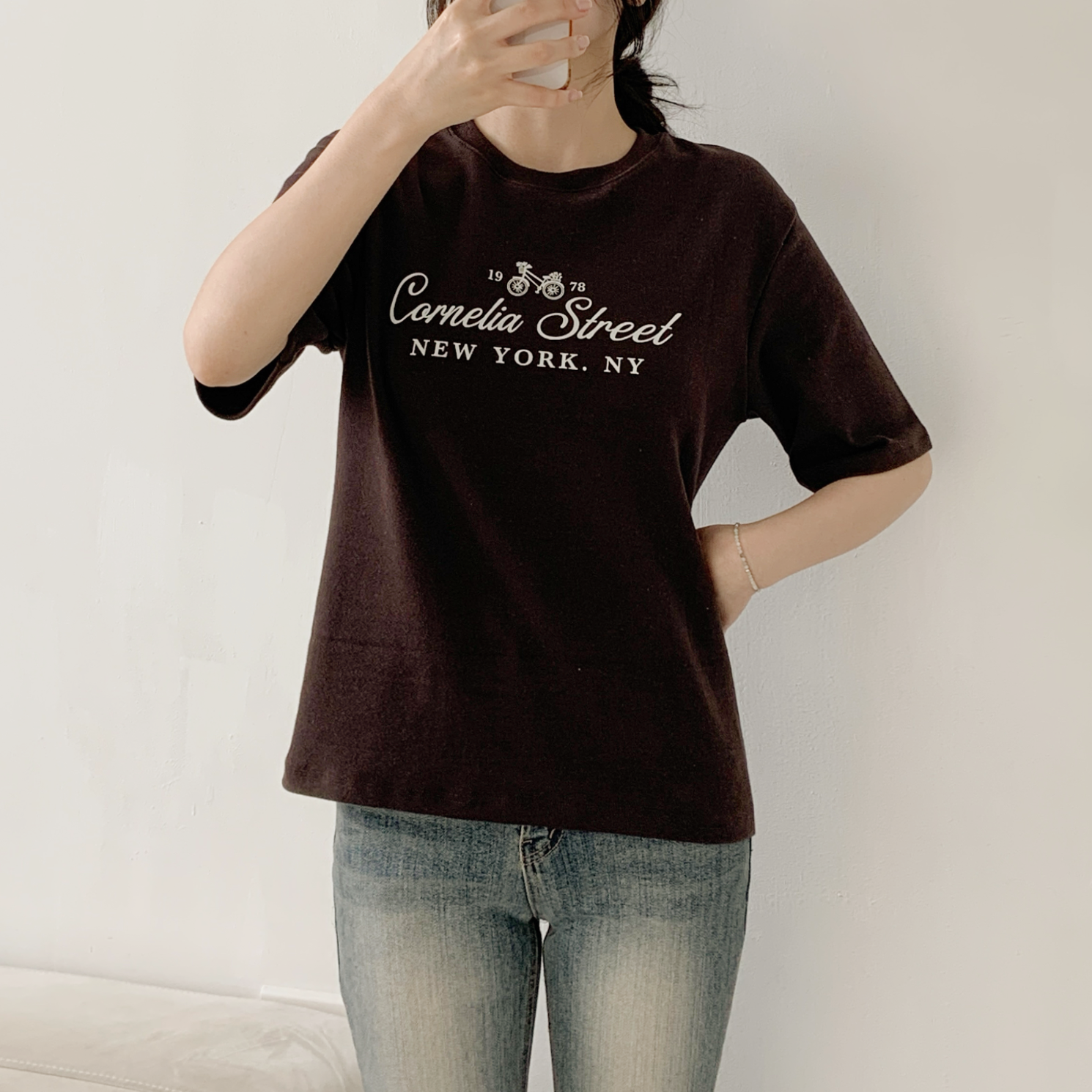 ピーチ起毛ラウンドネック半袖レタリングプリントTシャツ | 詳細画像6