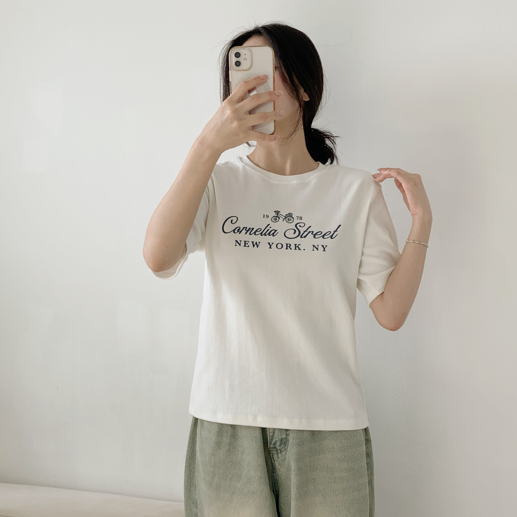 ピーチ起毛ラウンドネック半袖レタリングプリントTシャツ | 詳細画像4