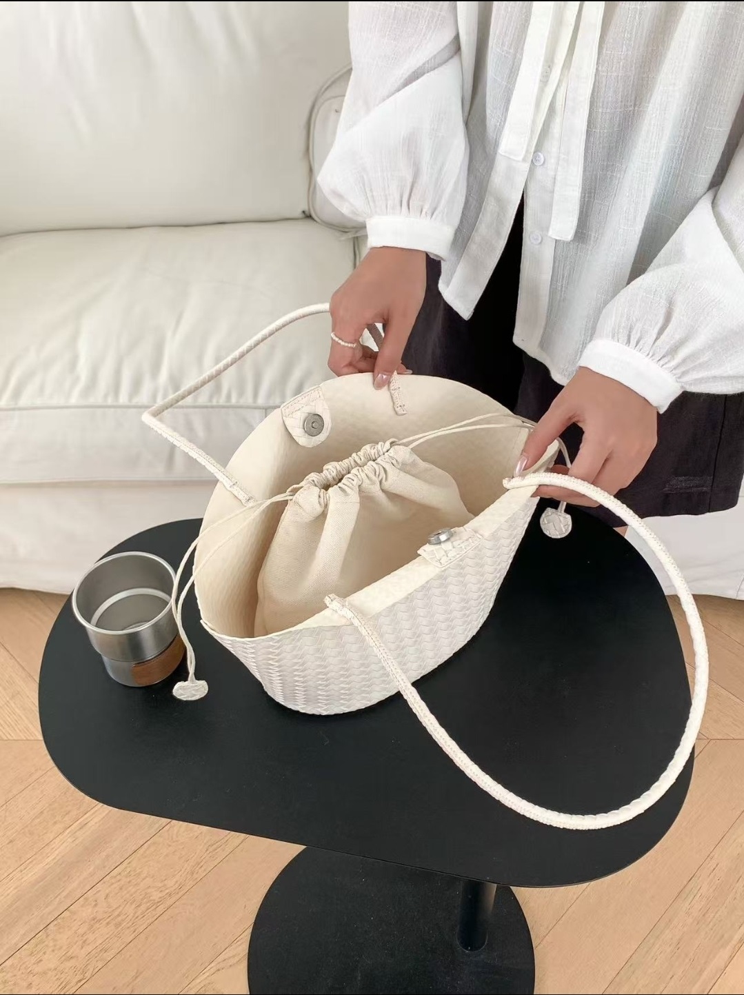 ドローストリングレイヤード風マグネットボタントートバッグ | 詳細画像13