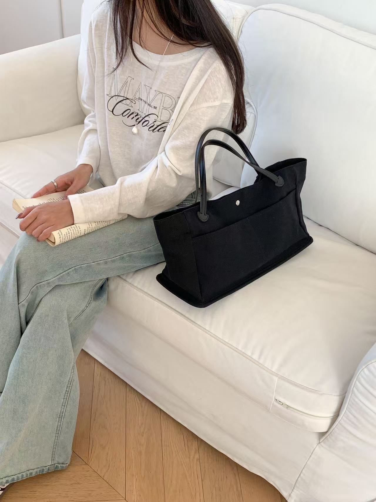 レザー調ビッグマグネットボタンハンドバッグ | 詳細画像6