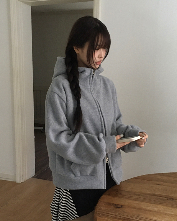 裏起毛フリースハイネックダブルジップ長袖オーバーサイズフード