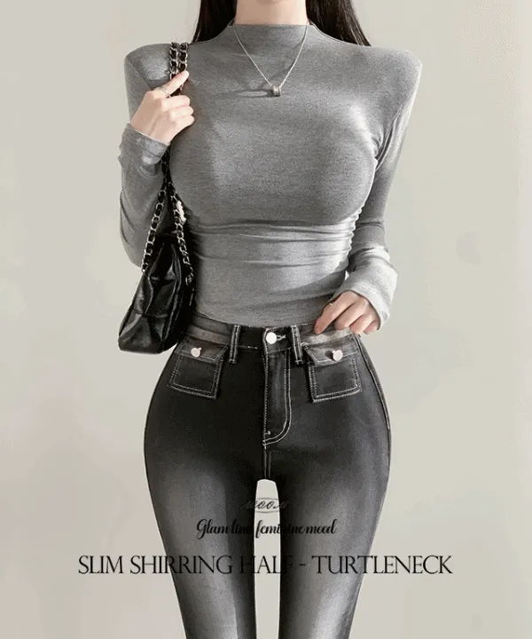 肩パッドシャーリングハーフネックスリム長袖無地Tシャツ | woou | 詳細画像1