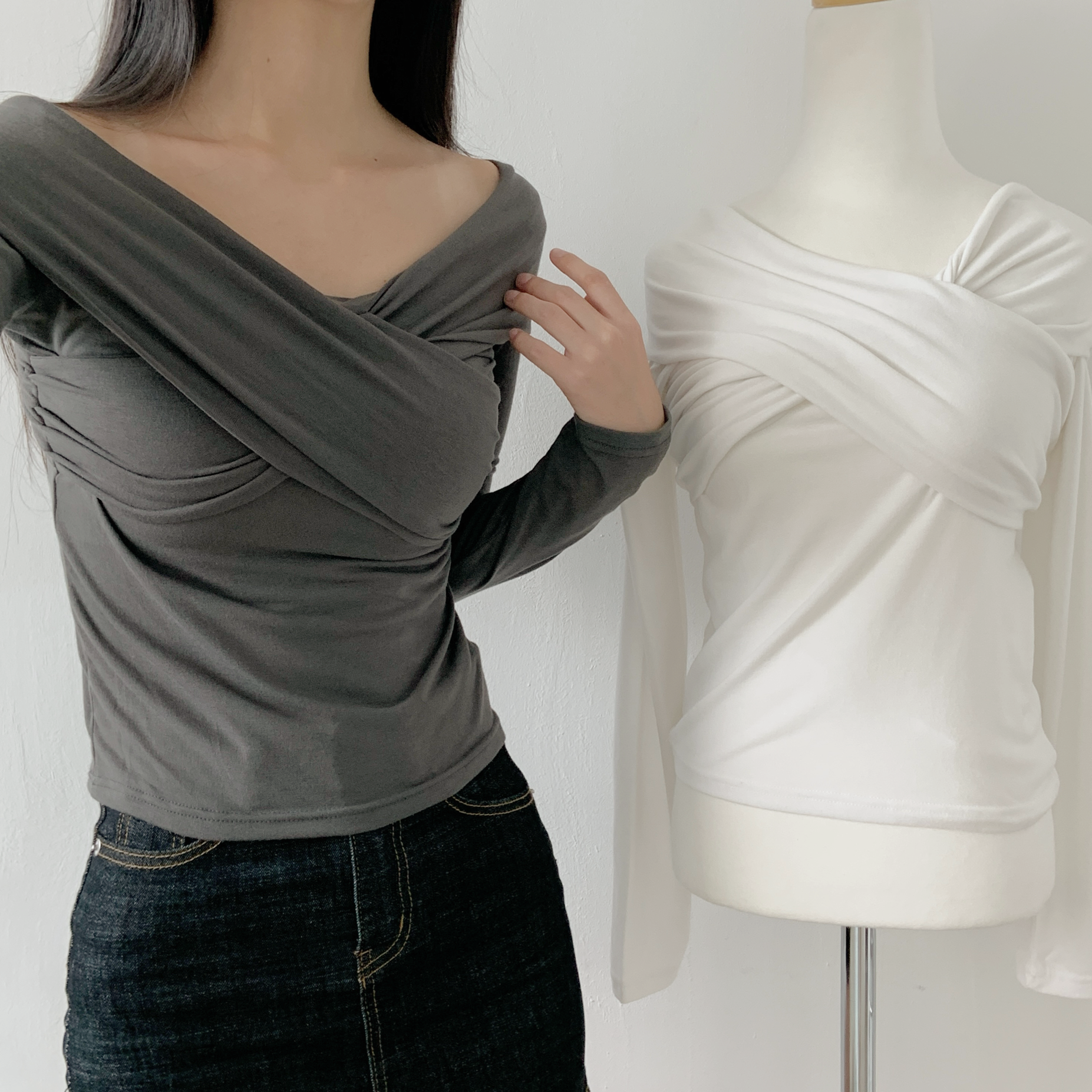 オフショルダースリムカシュクール長袖ギャザー無地Tシャツ | 詳細画像4