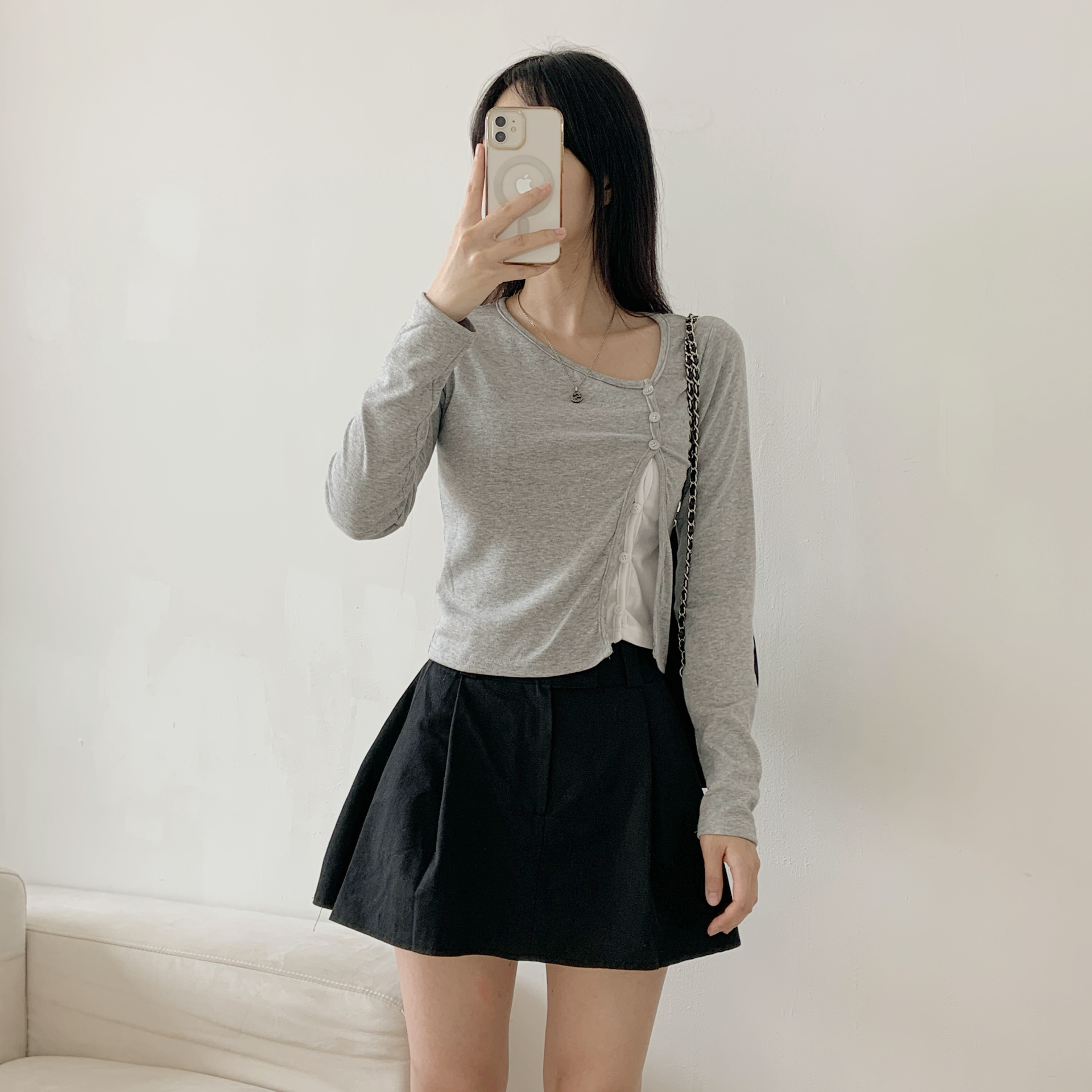 アンバランスネックスリムレイヤード風ショートアンバランス長袖ダイアゴナルボタンセミクロップド配色カーディガン | 詳細画像6