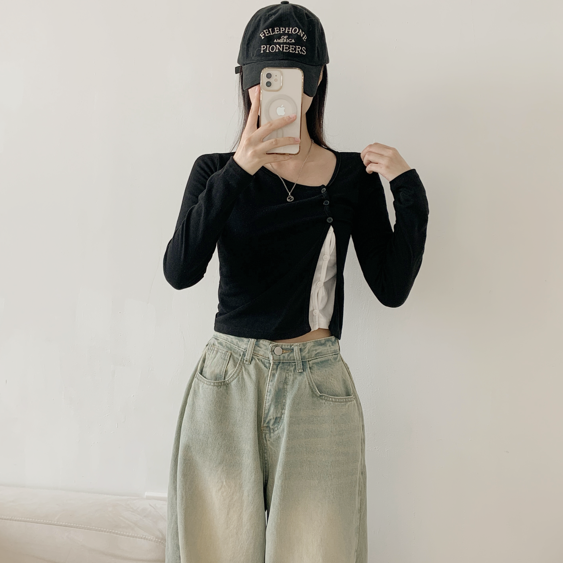 アンバランスネックスリムレイヤード風ショートアンバランス長袖ダイアゴナルボタンセミクロップド配色カーディガン | 詳細画像7