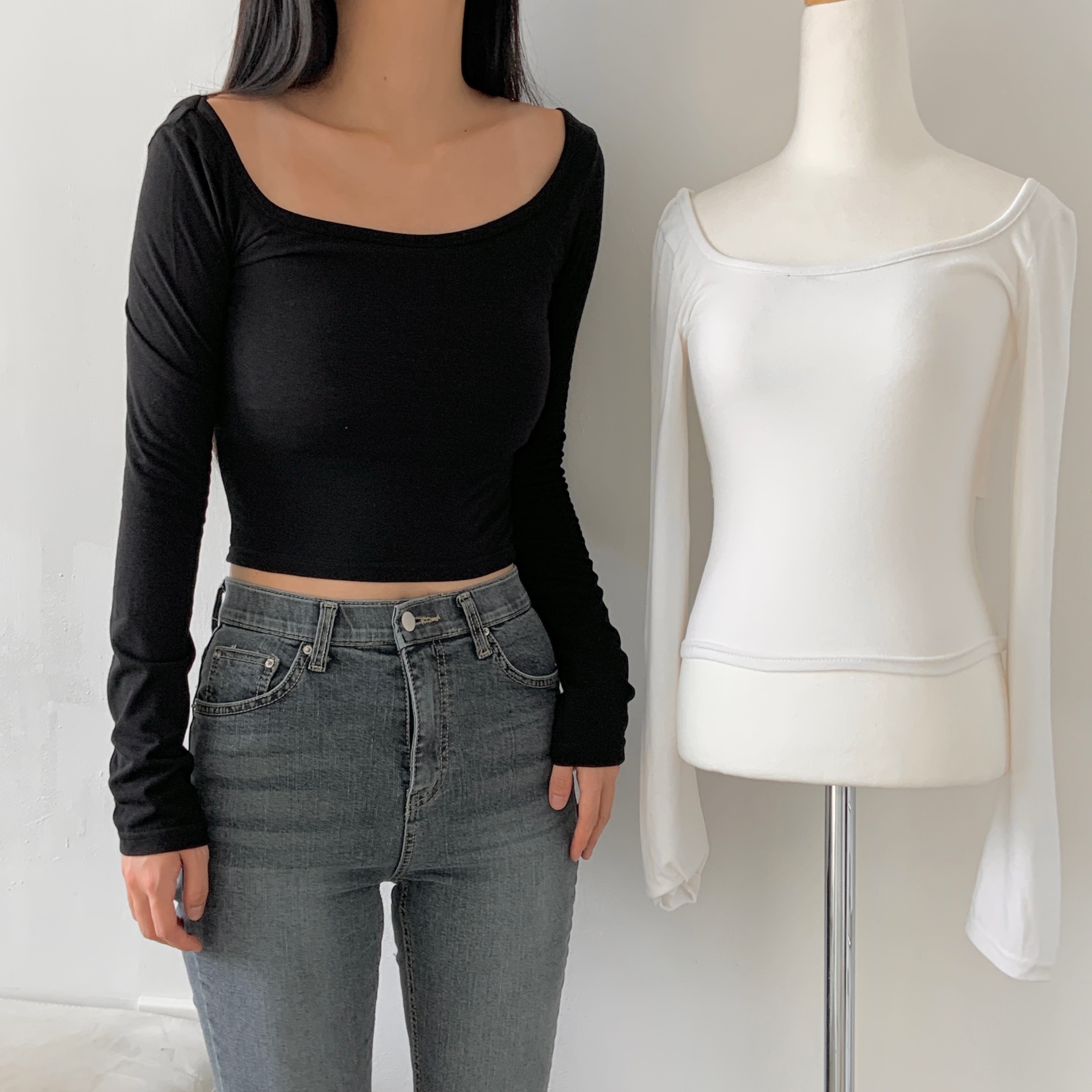 ストレッチスクエアネックスリットクロップドスリム無地Tシャツ | 詳細画像3