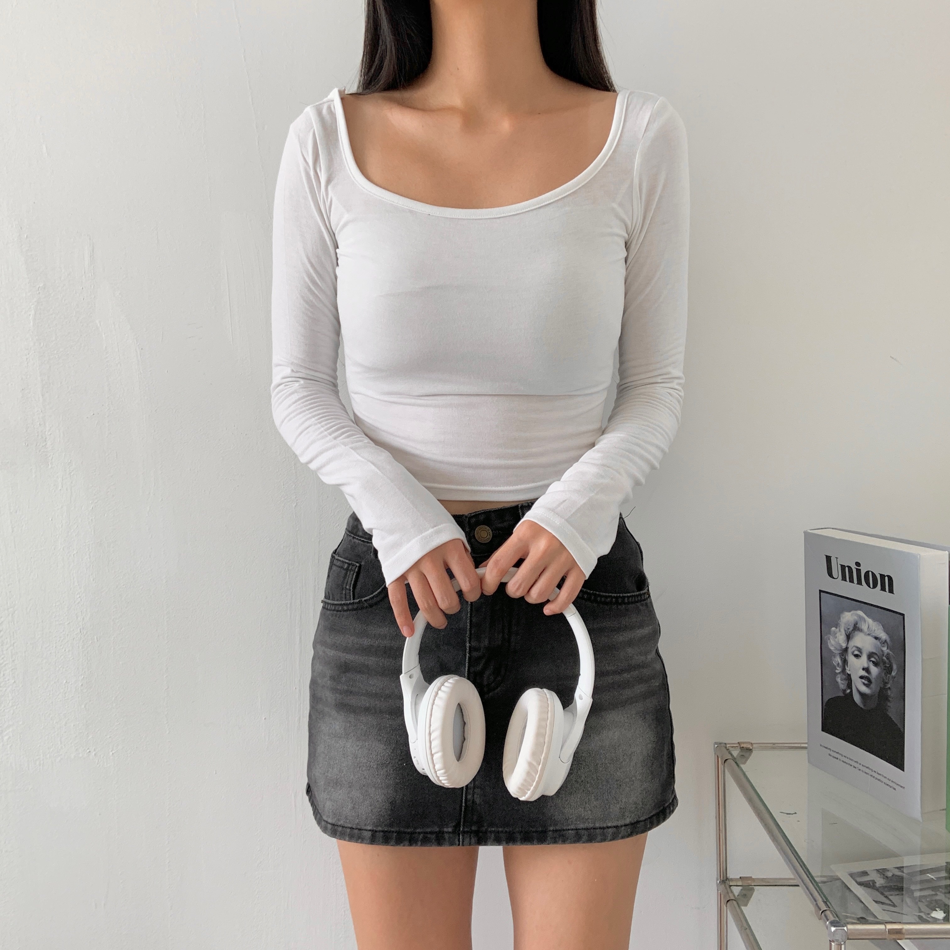 ストレッチスクエアネックスリットクロップドスリム無地Tシャツ | 詳細画像2