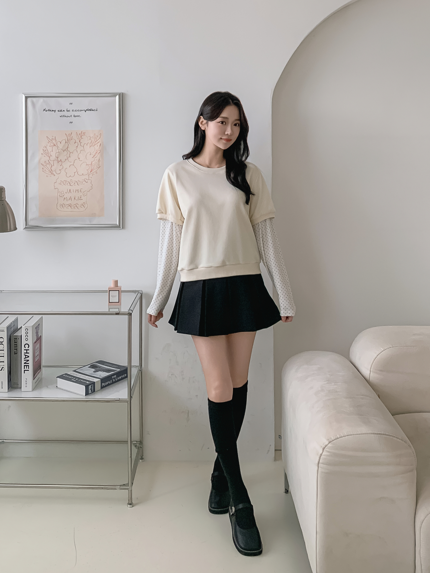 ニットラウンドネックレイヤード風ルーズ長袖ドット配色Tシャツ | 詳細画像2