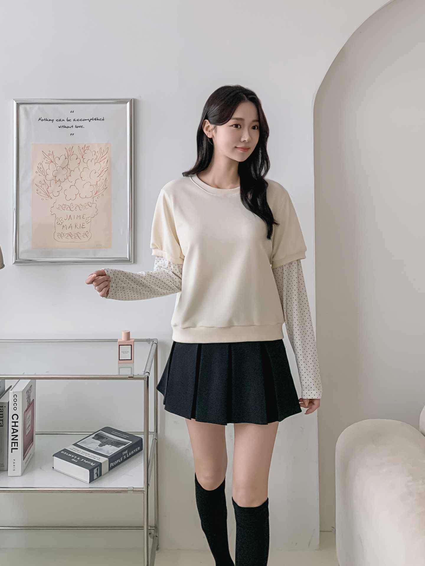 ニットラウンドネックレイヤード風ルーズ長袖ドット配色Tシャツ | 詳細画像3