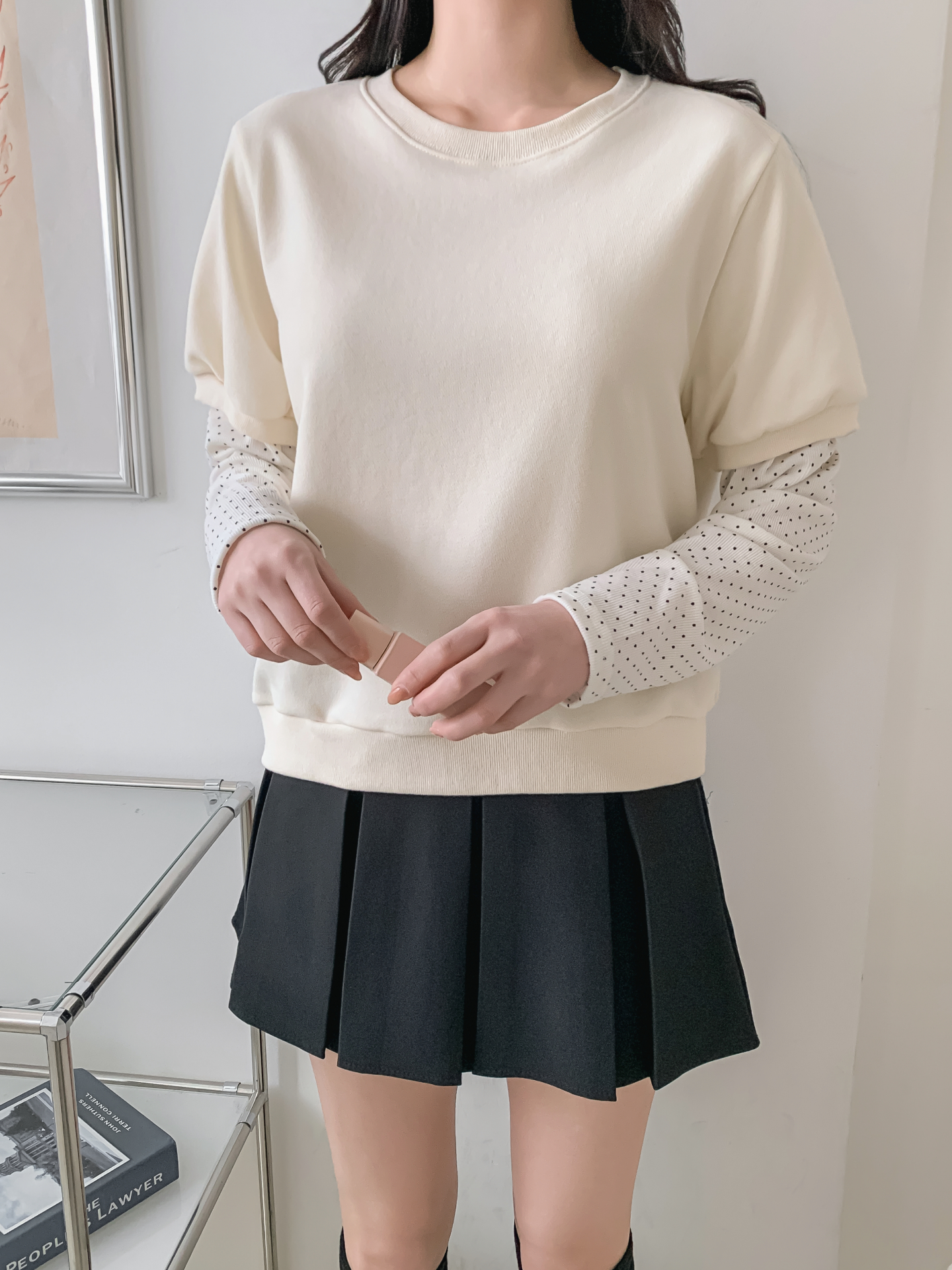 ニットラウンドネックレイヤード風ルーズ長袖ドット配色Tシャツ | 詳細画像4