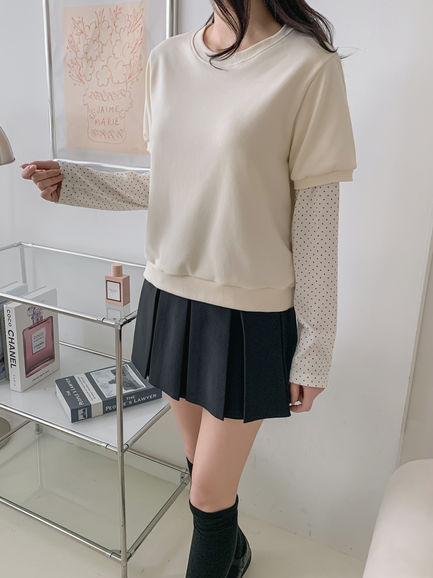 ニットラウンドネックレイヤード風ルーズ長袖ドット配色Tシャツ | 詳細画像5