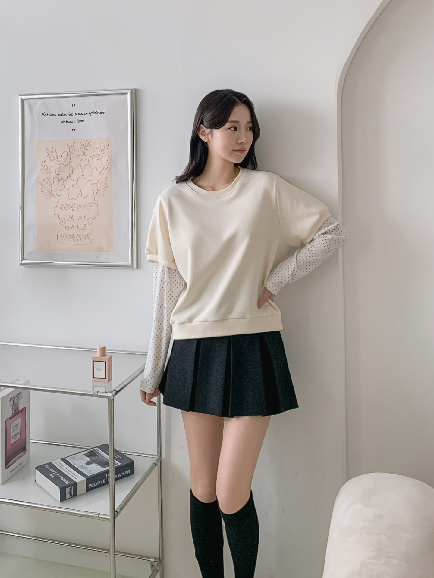 ニットラウンドネックレイヤード風ルーズ長袖ドット配色Tシャツ | 詳細画像6