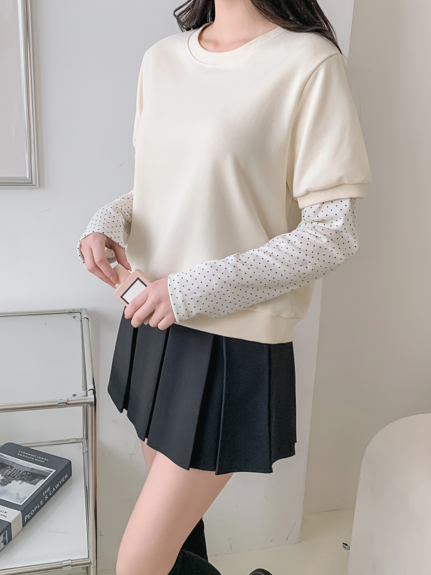 ニットラウンドネックレイヤード風ルーズ長袖ドット配色Tシャツ | 詳細画像7