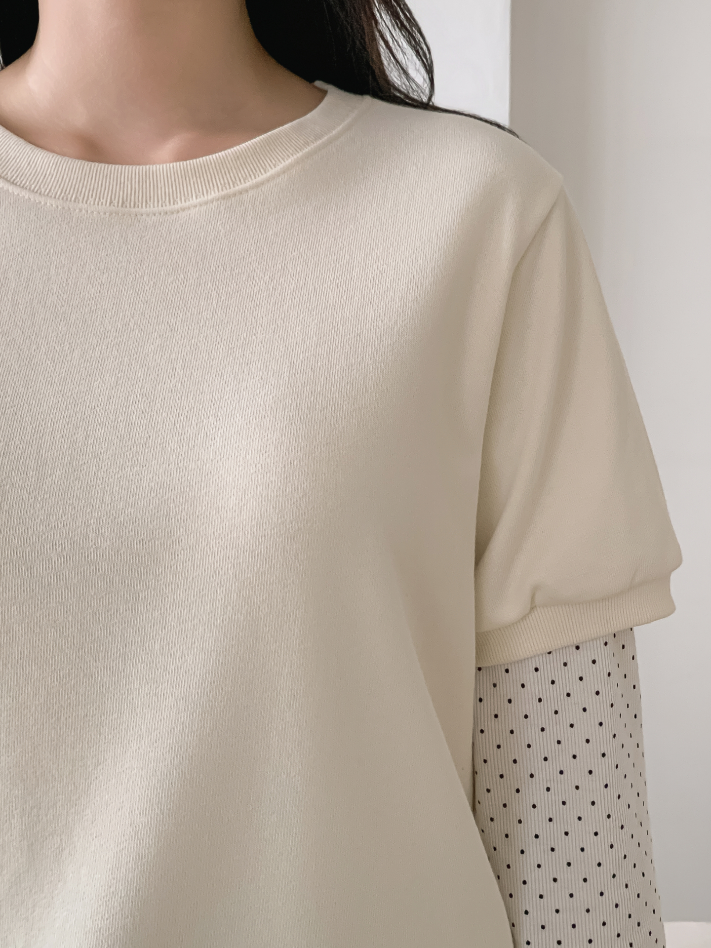 ニットラウンドネックレイヤード風ルーズ長袖ドット配色Tシャツ | 詳細画像9
