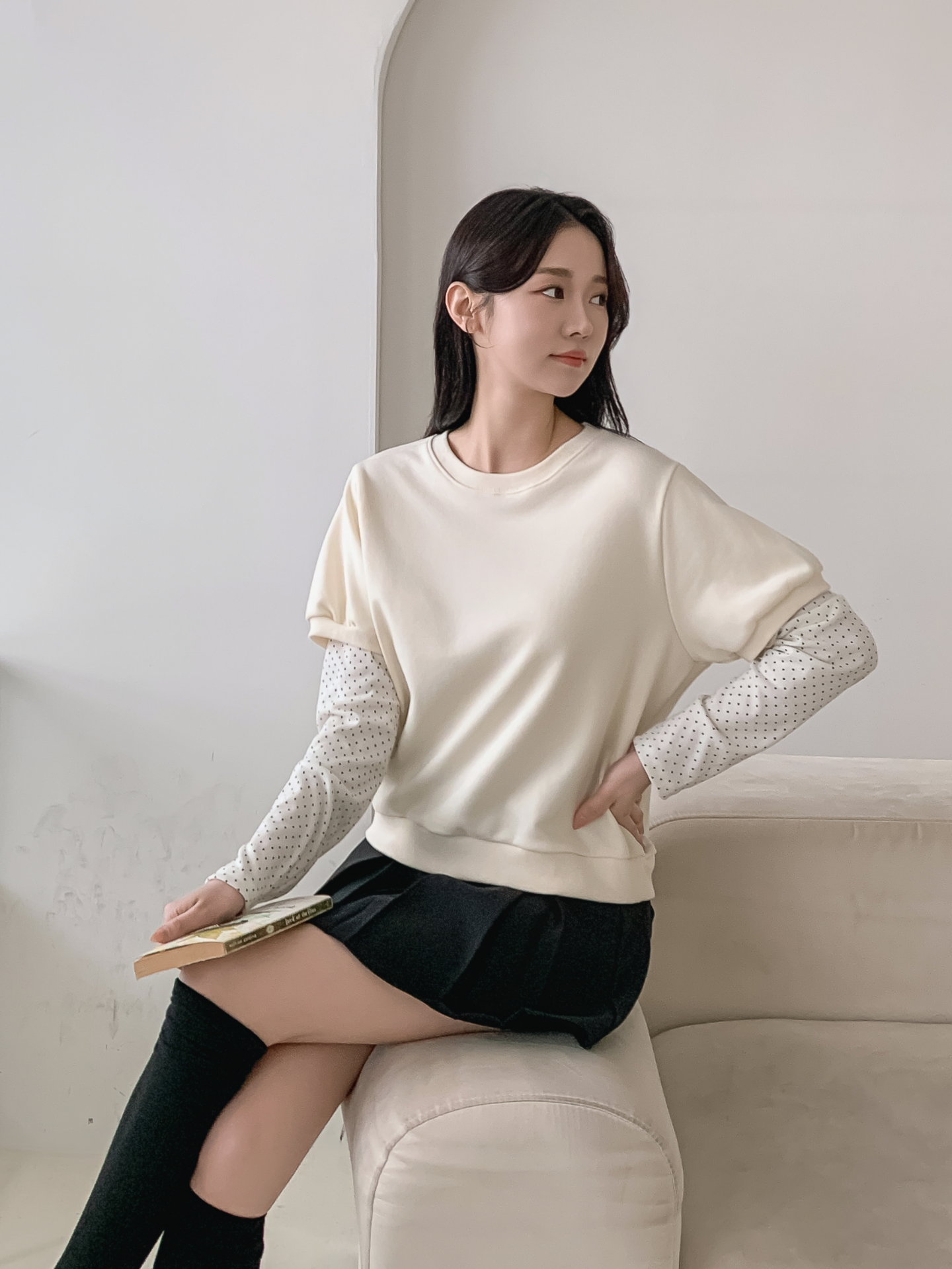 ニットラウンドネックレイヤード風ルーズ長袖ドット配色Tシャツ | 詳細画像13