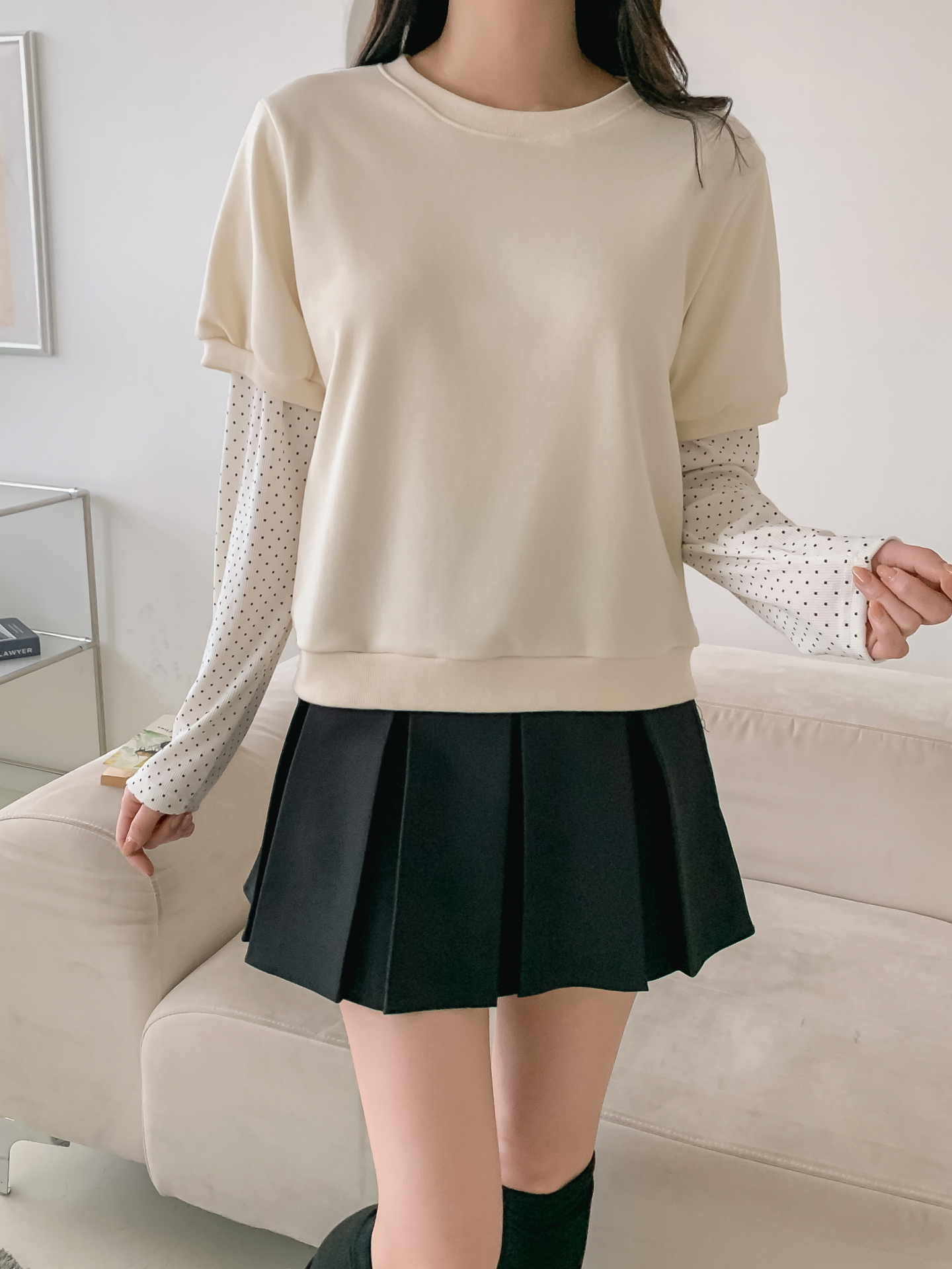 ニットラウンドネックレイヤード風ルーズ長袖ドット配色Tシャツ | 詳細画像14