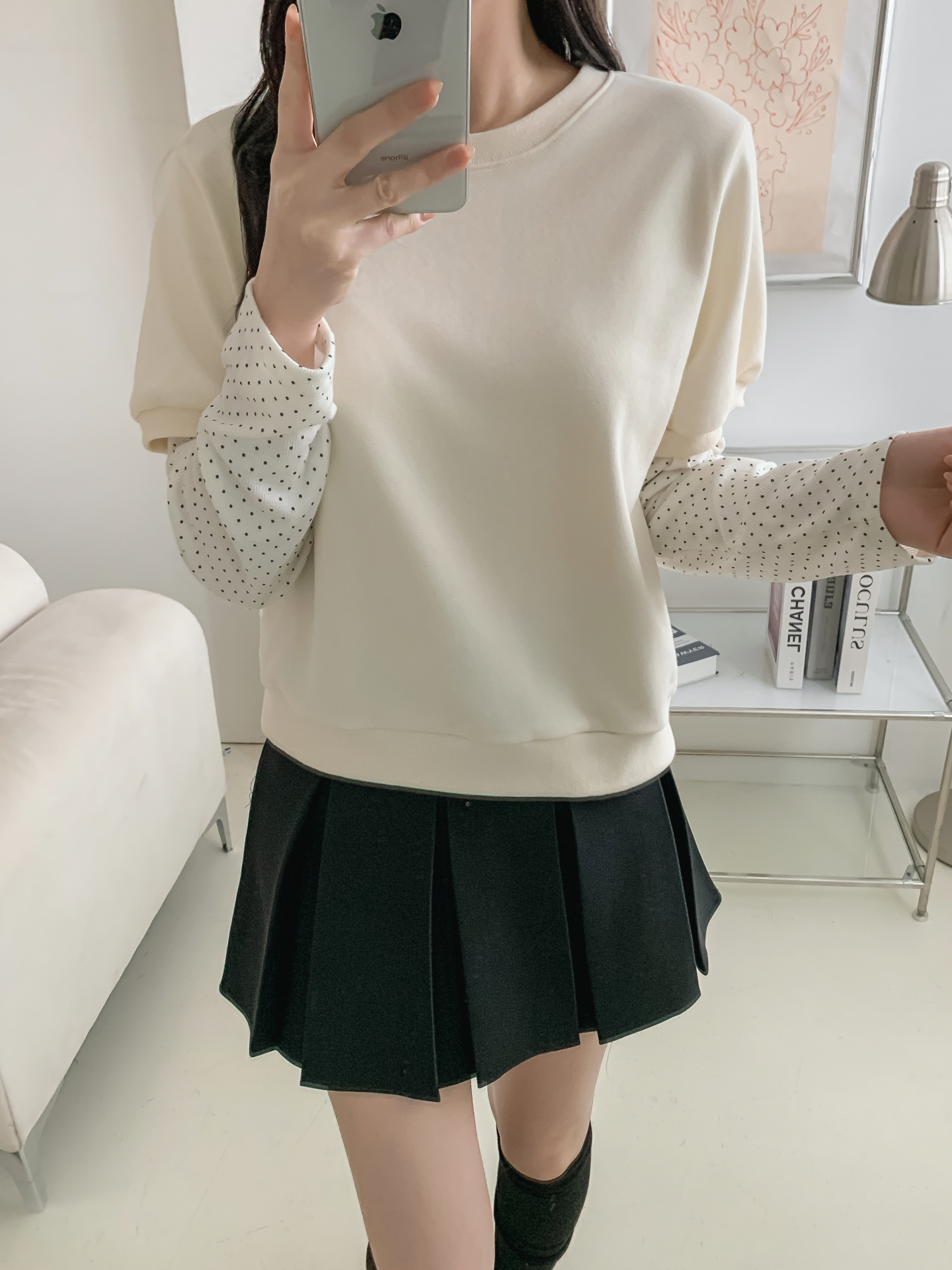 ニットラウンドネックレイヤード風ルーズ長袖ドット配色Tシャツ | 詳細画像15