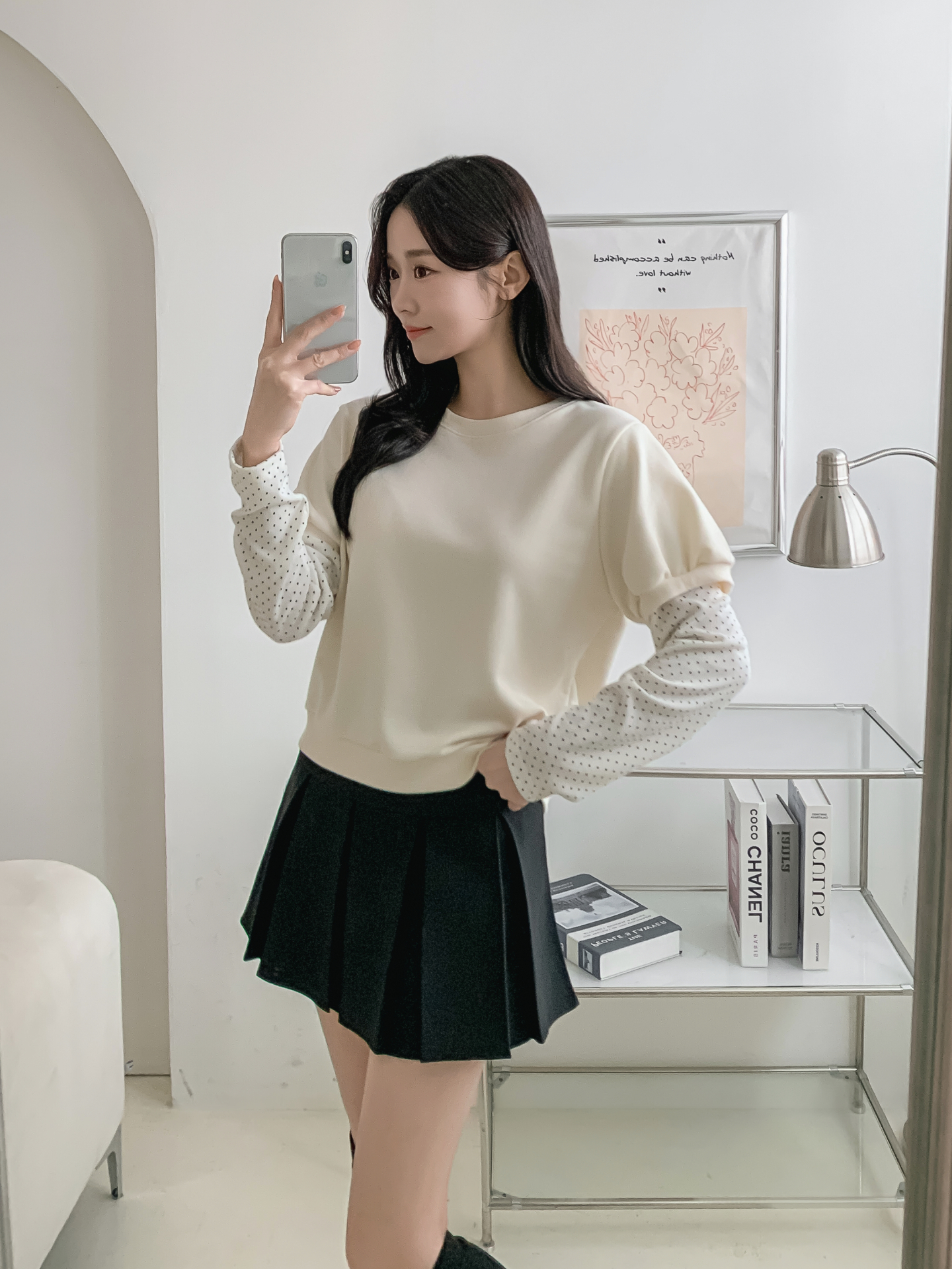 ニットラウンドネックレイヤード風ルーズ長袖ドット配色Tシャツ | 詳細画像16