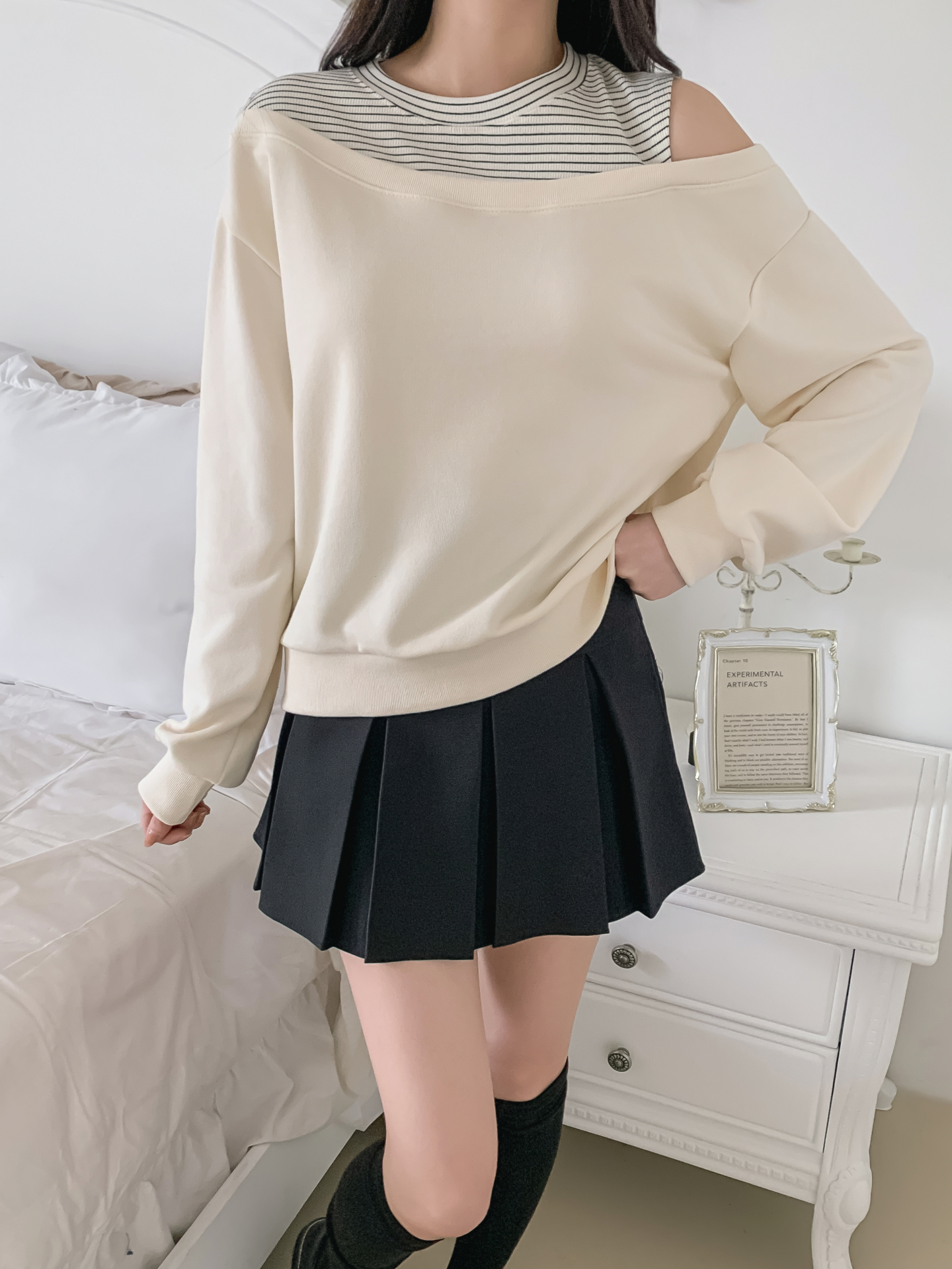 ワンショルダーレイヤード風ルーズ長袖ボーダースウェット | 詳細画像8