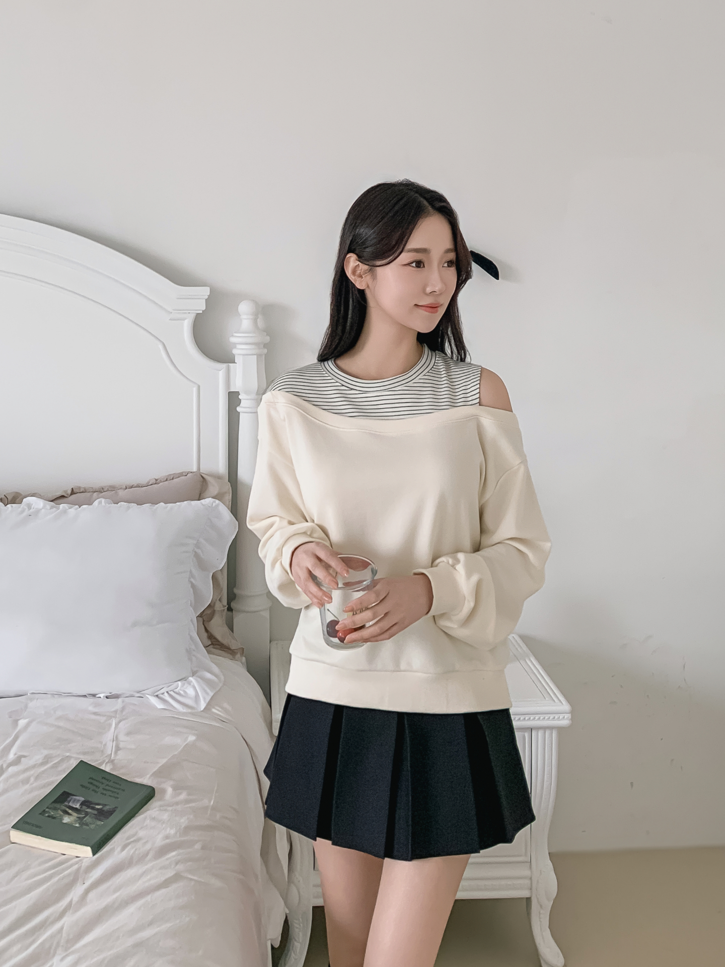 ワンショルダーレイヤード風ルーズ長袖ボーダースウェット | 詳細画像5