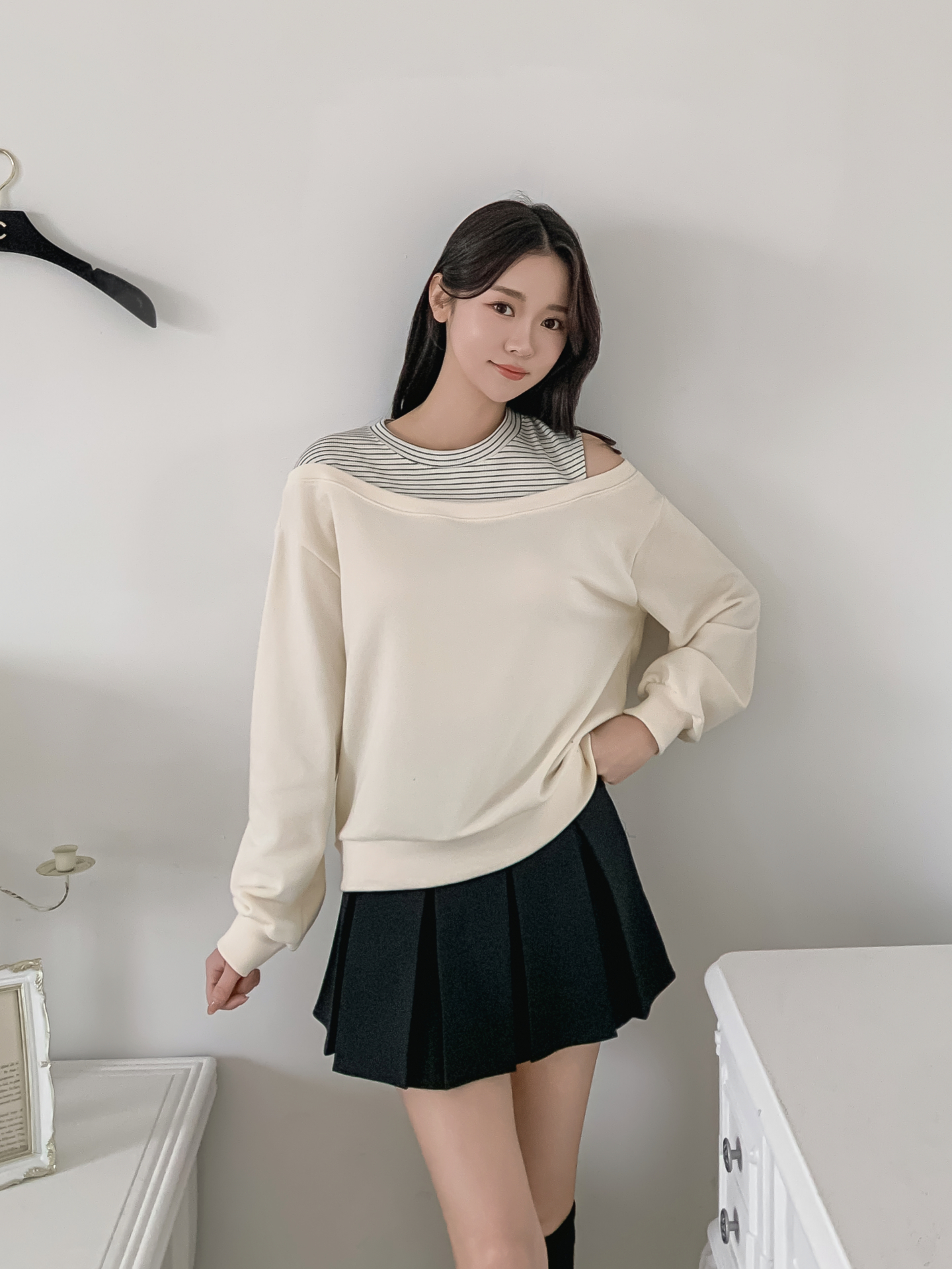 ワンショルダーレイヤード風ルーズ長袖ボーダースウェット | 詳細画像6