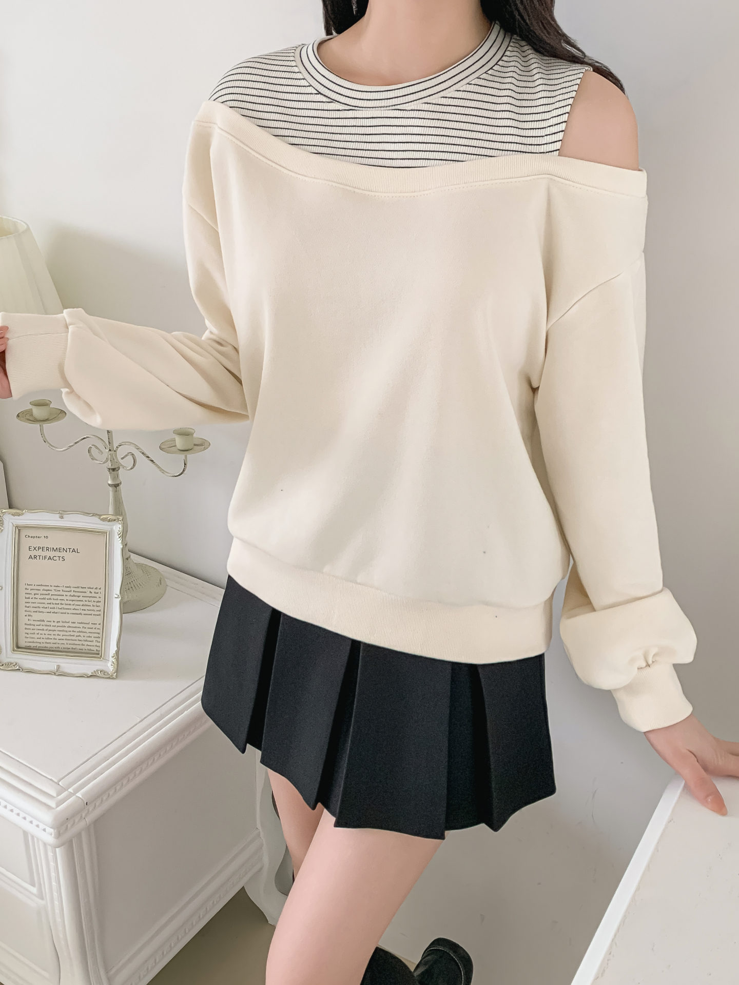 ワンショルダーレイヤード風ルーズ長袖ボーダースウェット | 詳細画像11