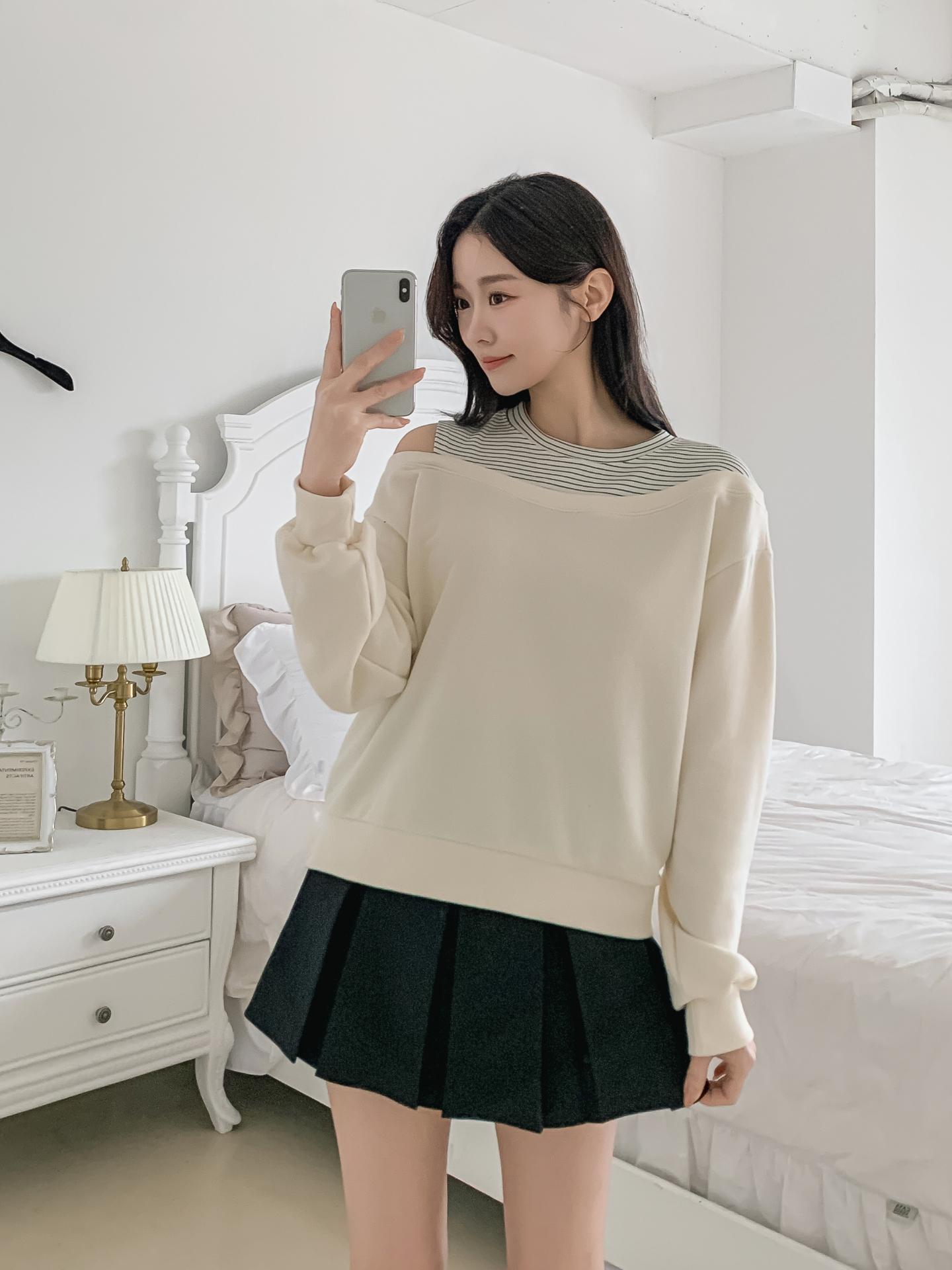 ワンショルダーレイヤード風ルーズ長袖ボーダースウェット | 詳細画像7