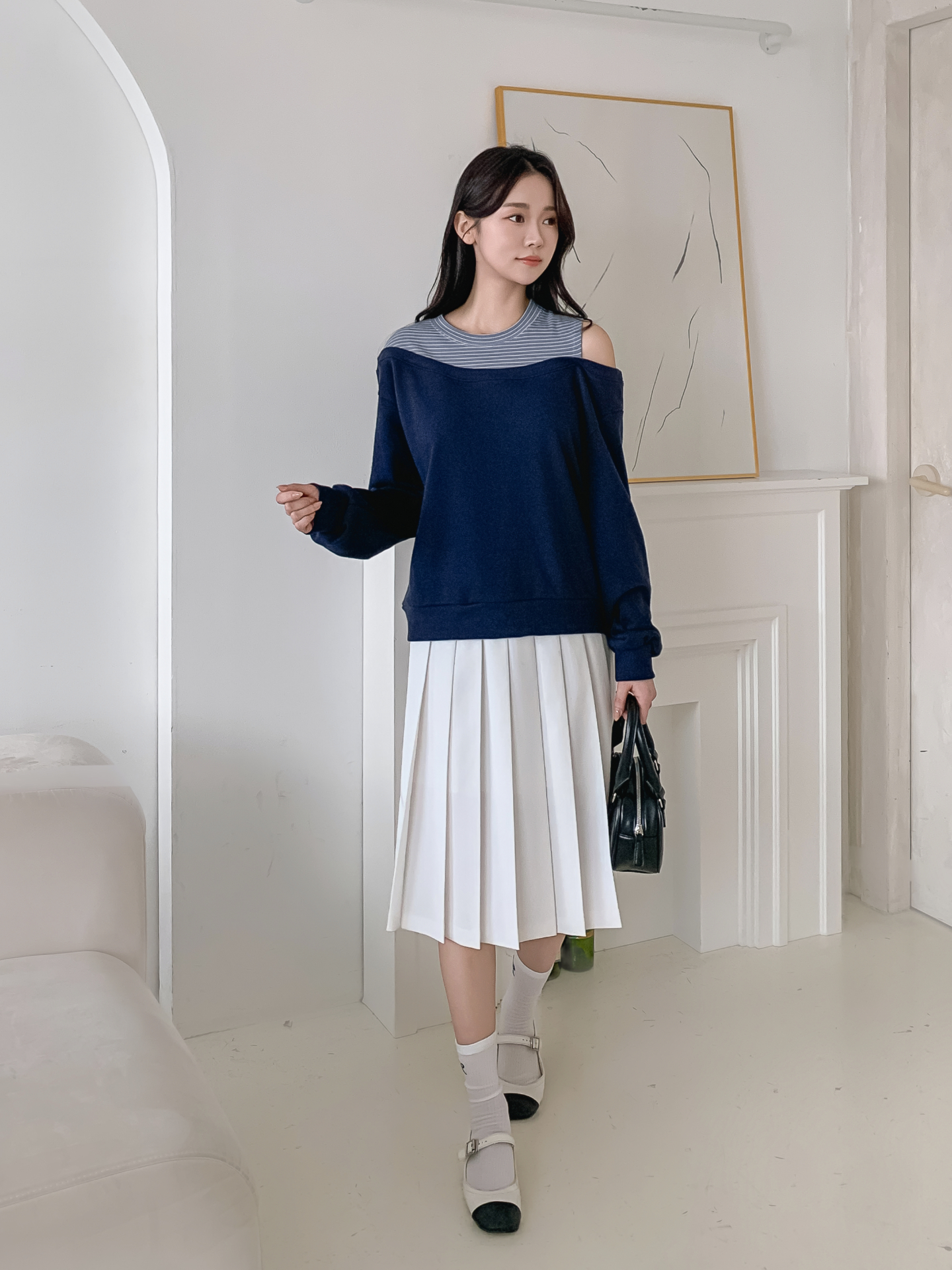 ワンショルダーレイヤード風ルーズ長袖ボーダースウェット | 詳細画像18