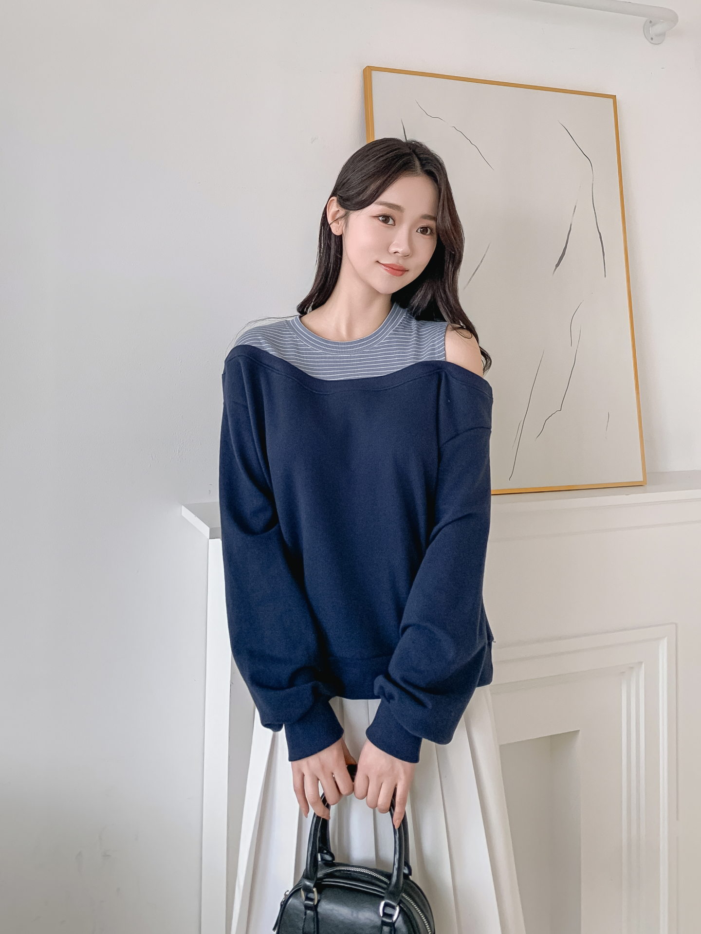 ワンショルダーレイヤード風ルーズ長袖ボーダースウェット | 詳細画像20