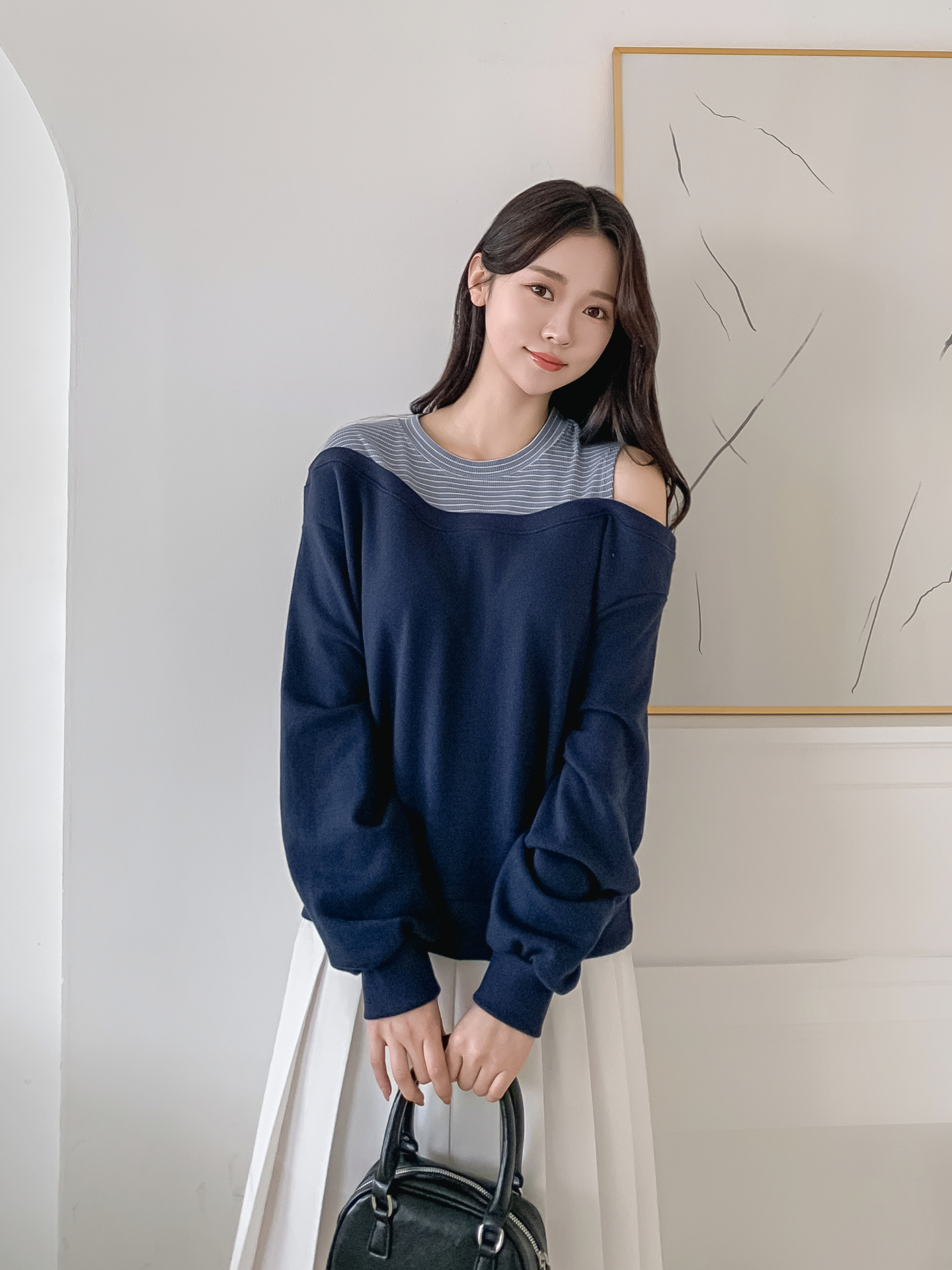 ワンショルダーレイヤード風ルーズ長袖ボーダースウェット | 詳細画像22