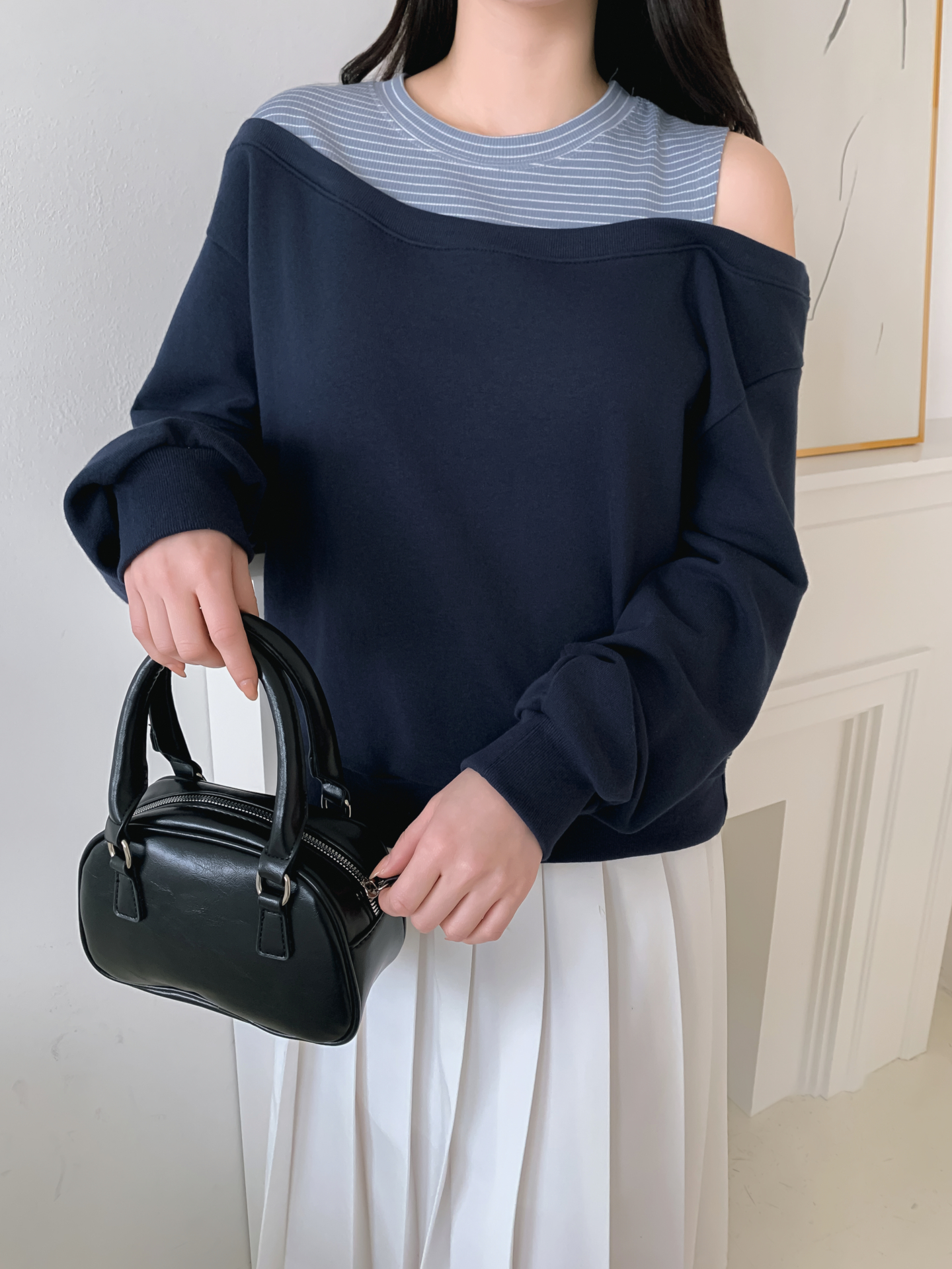 ワンショルダーレイヤード風ルーズ長袖ボーダースウェット | 詳細画像19