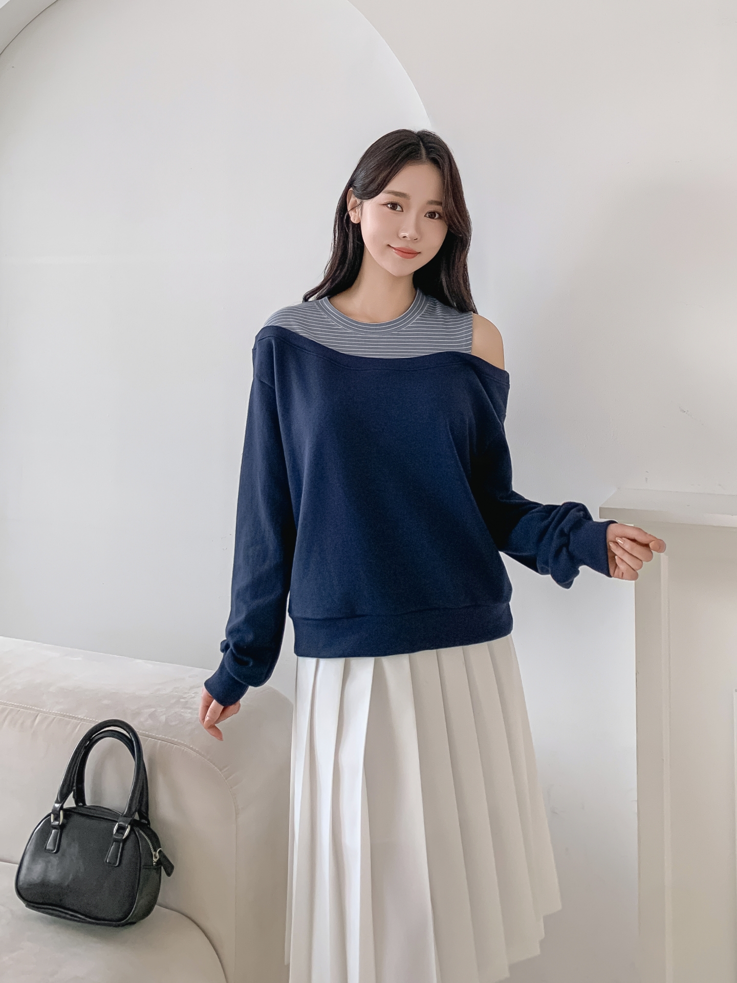 ワンショルダーレイヤード風ルーズ長袖ボーダースウェット | 詳細画像23